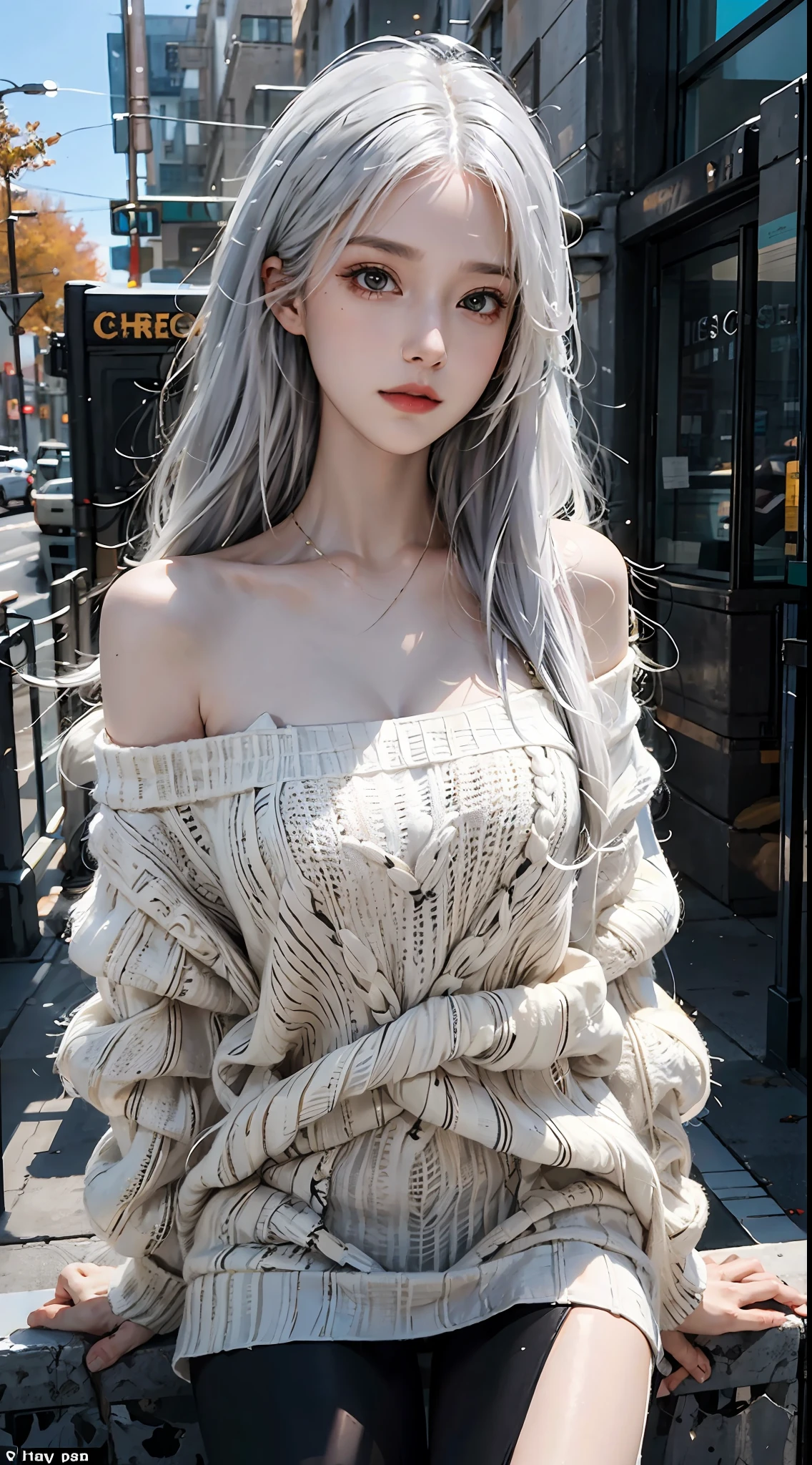 mid-shot, a beautiful woman looking into camera, white hair, off shoulder sweater by Chris Foss autumn lights