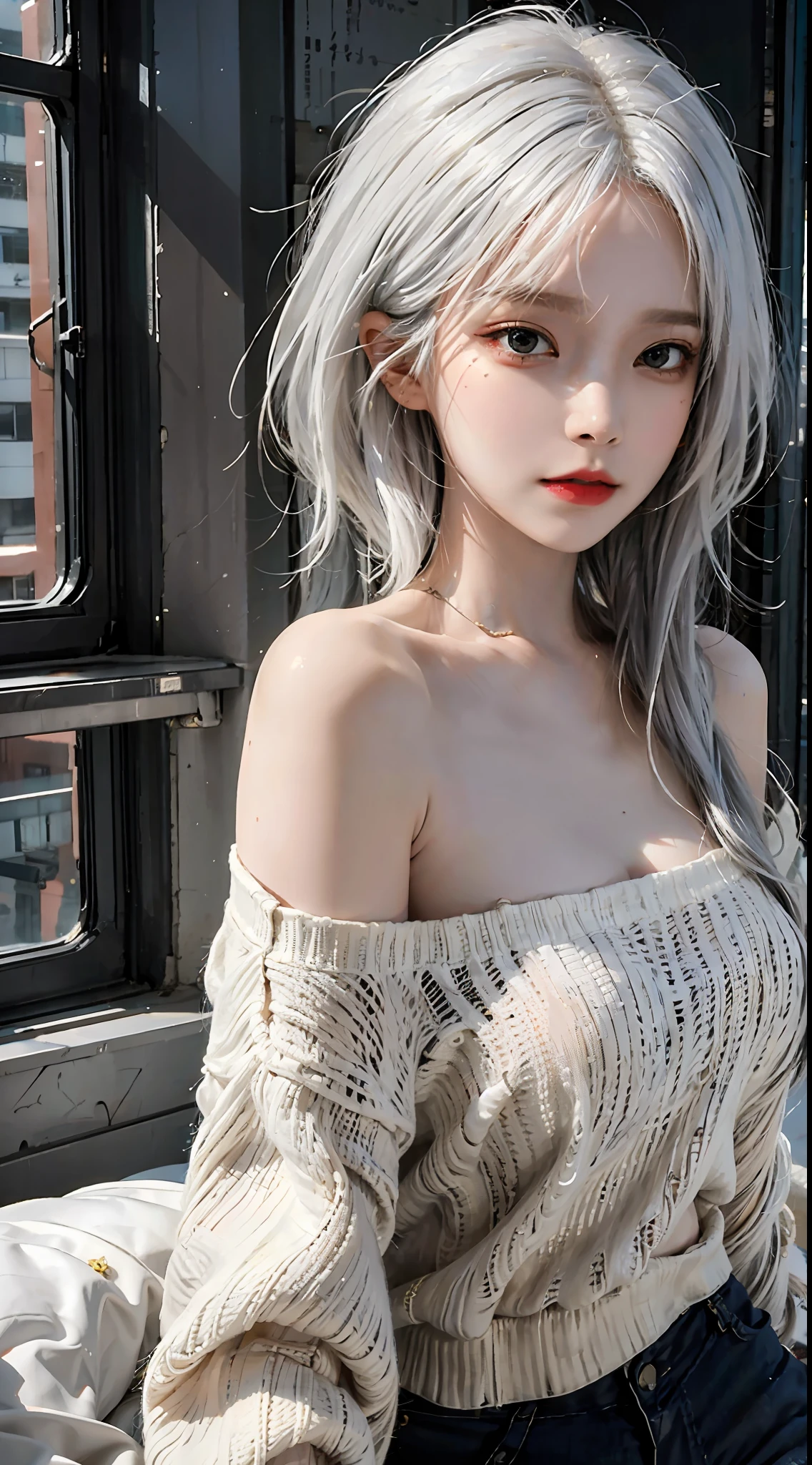 mid-shot, a beautiful woman looking into camera, white hair, off shoulder sweater by Chris Foss autumn lights