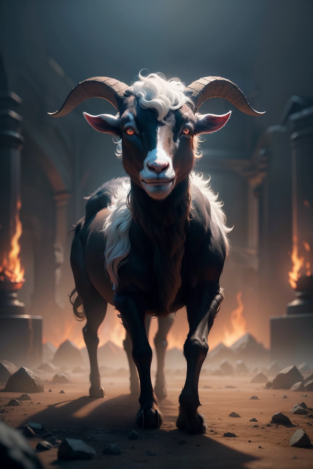 goat-demon, infernal background, masterpiece, 3d render, high quality, high detailed, epic, dynamic effect, specular lighting, hdr, 8k full body picture quality, nanite raytraced, 8k resolution, intricate, dramatic, best quality, ultra high res, nu no humans, illustration, rich colors and exaggerated shapes,