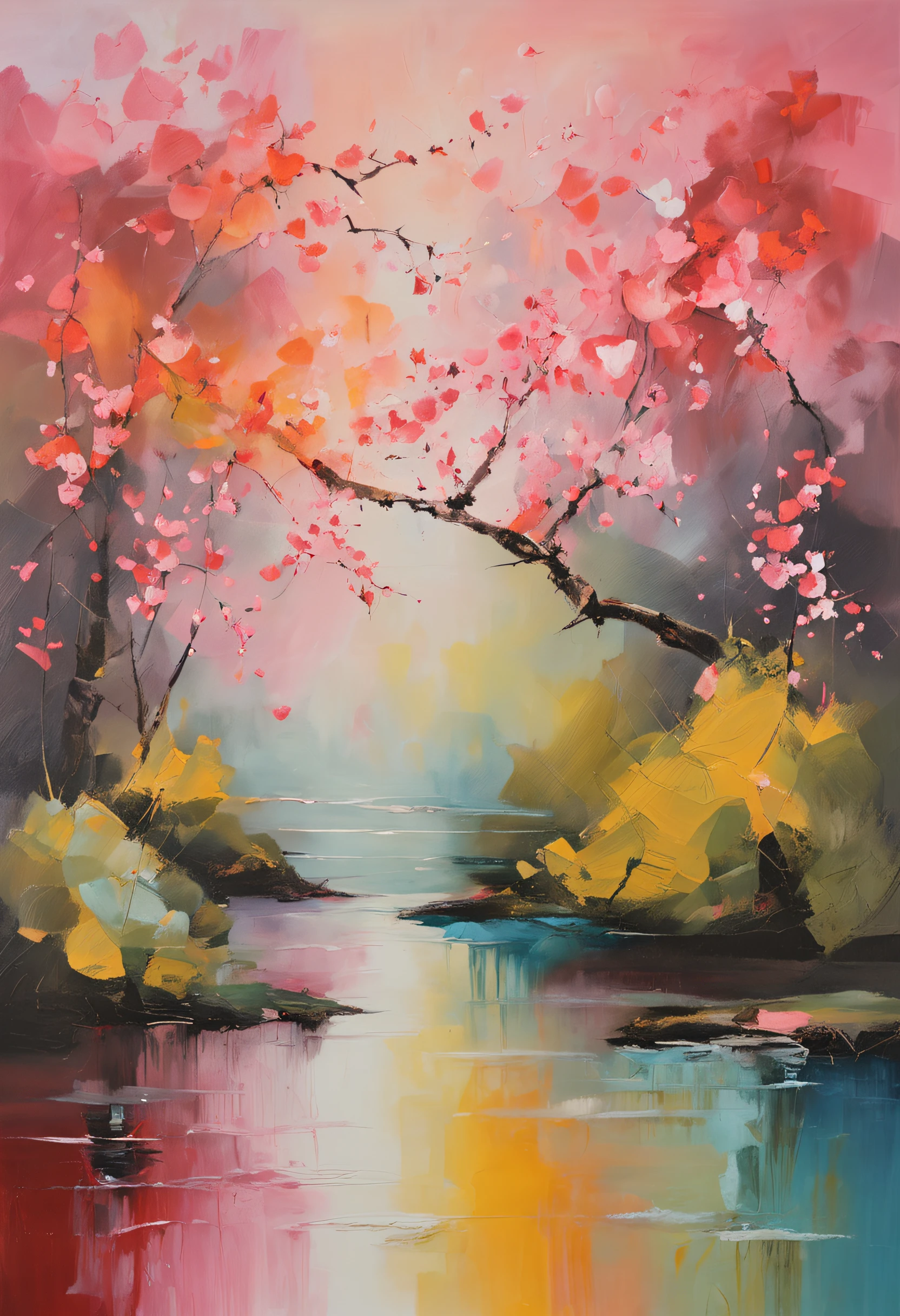 Tanabata Valentine's Day romantic poster,A couple kisses on a wooden bridge,Peach blossoms bloom on both sides of the river,Countless pink petals fell from the sky,Several magpies flew around in the sky