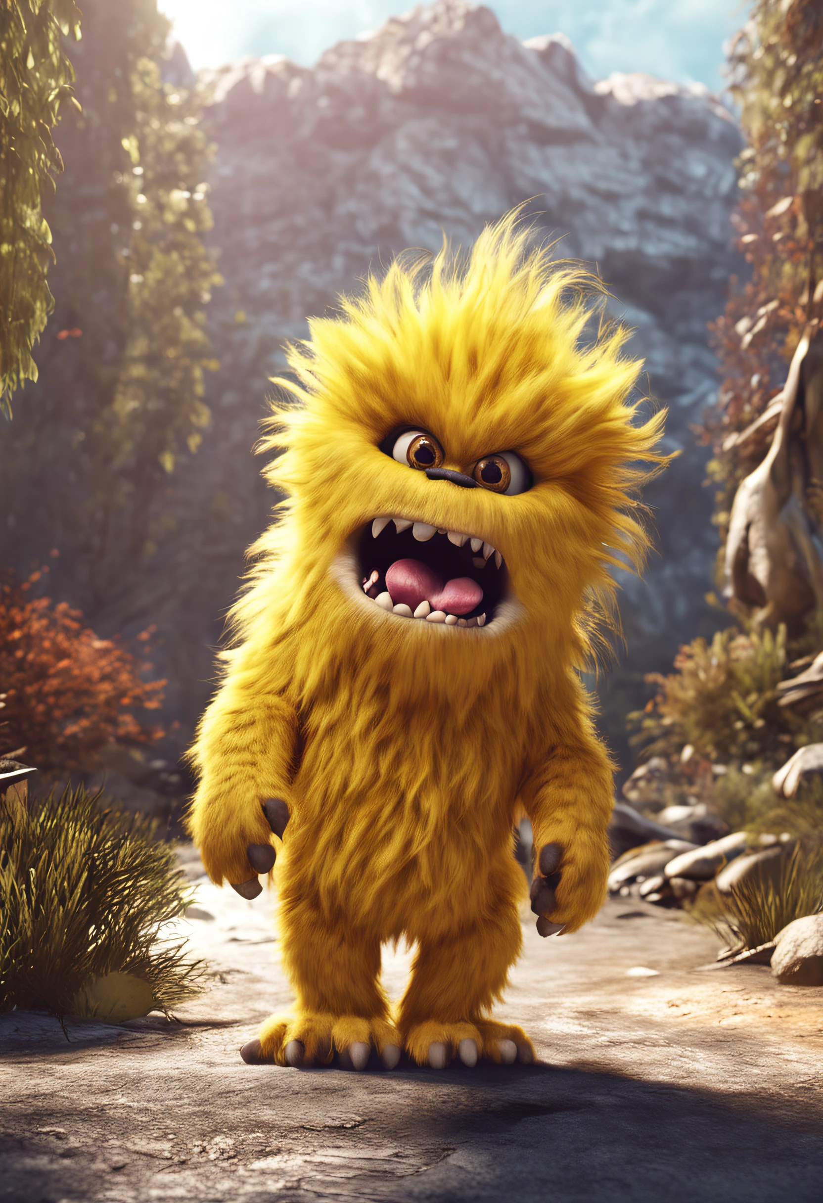 furry monster, realistic, golden, cute, angry, fluffy, yellow