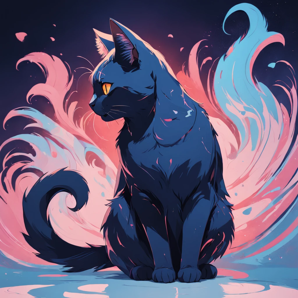 Cat in art, Main color Black, Secondary colorBlue, Pastel pink background, artistic, Sophisticated, Warm style, Shapes include abstract cats, Playful forms, Elegant piece, Textures include fur textures, Smooth paint, Texture of the fabric, The lines contain graceful lines, Natural curves, Delicate silhouette, The shape is elegant, approachable, Expressive, Aesthetic.