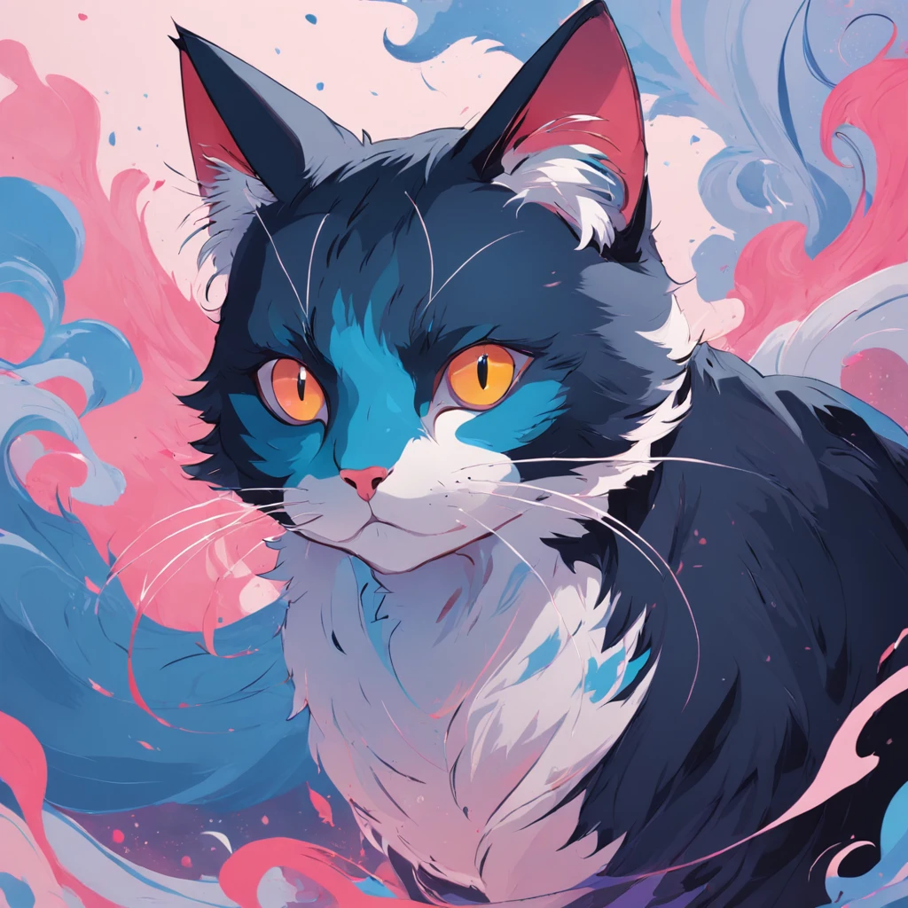 Cat in art, Main color Black, Secondary colorBlue, Pastel pink background, artistic, Sophisticated, Warm style, Shapes include abstract cats, Playful forms, Elegant piece, Textures include fur textures, Smooth paint, Texture of the fabric, The lines contain graceful lines, Natural curves, Delicate silhouette, The shape is elegant, approachable, Expressive, Aesthetic.