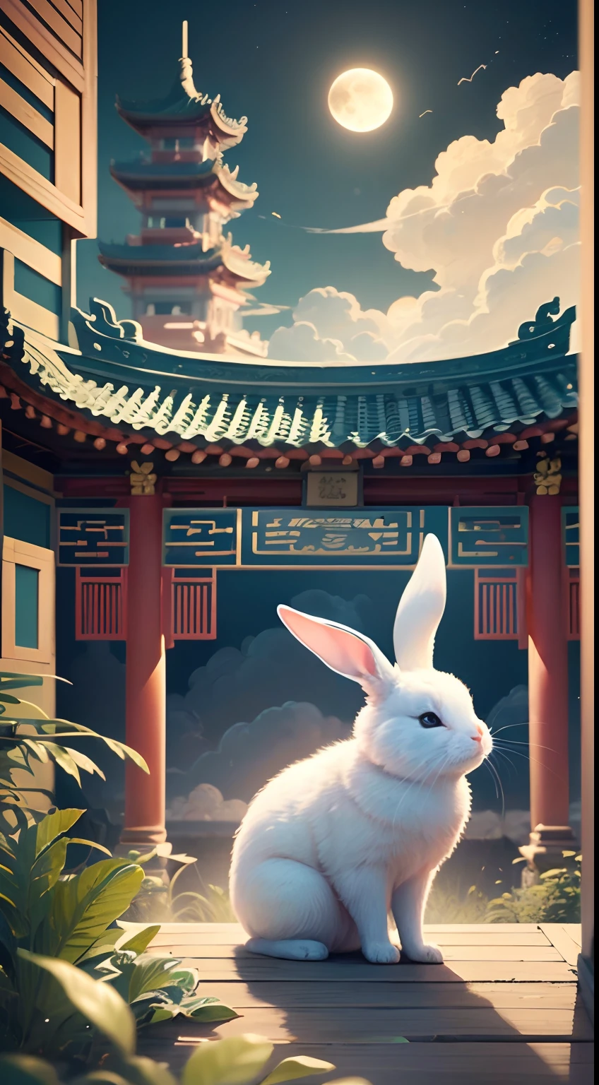 1 beautiful white rabbit,Looking at the huge full moon, Moon cake,ventania, florals, The bird,clouds,Chinese classical architecture, beautiful artwork, perfect compositions,Best quality at best,National style,illustratio,((Best Picture Quality, 8k, tmasterpiece:1.3)),