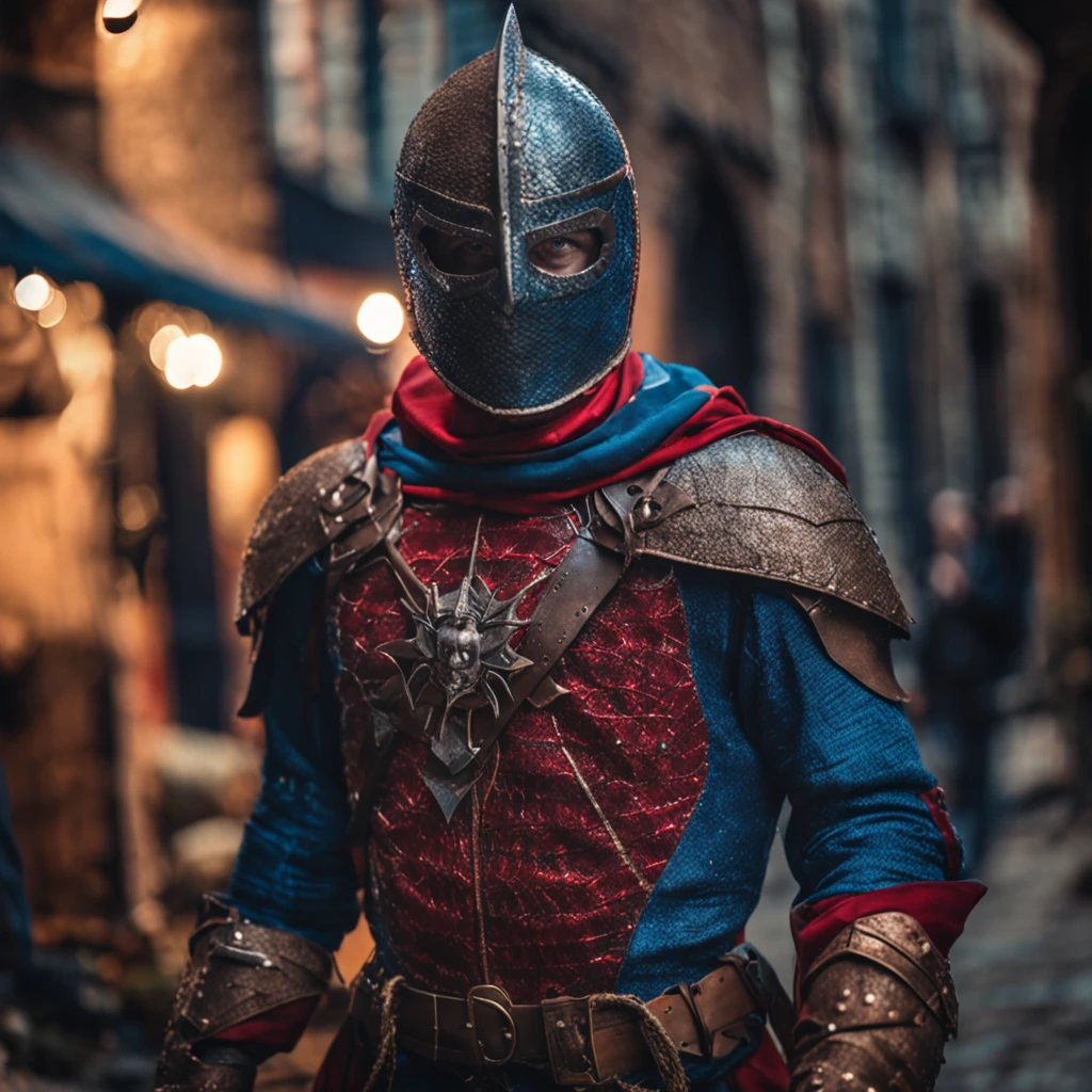 Marvel at the magical spider - the man who served as a medieval themed knight, Full set of red and blue glittering armor, Intricate details, Depicted in action poses, holds a spear, Medieval town in the background, Photorealistic, Dramatic lighting, Beautiful color grading, 8K resolution, Shot with Canon EOS C70 RF24–105mm lens