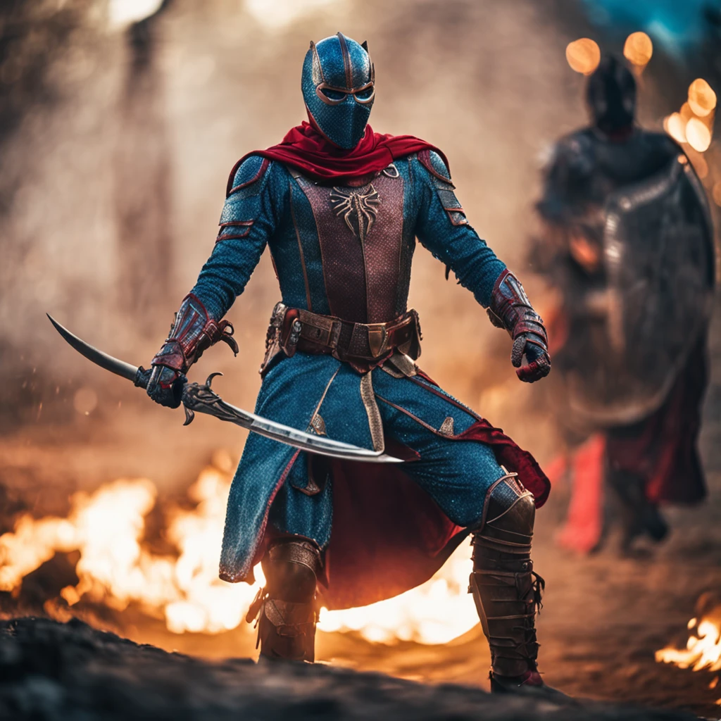 Marvel at the magical spider - the man who served as a medieval themed knight, Full set of red and blue glittering armor, Intricate details, Depicted in action poses, holds a spear, Medieval town in the background, Photorealistic, Dramatic lighting, Beautiful color grading, 8K resolution, Shot with Canon EOS C70 RF24–105mm lens