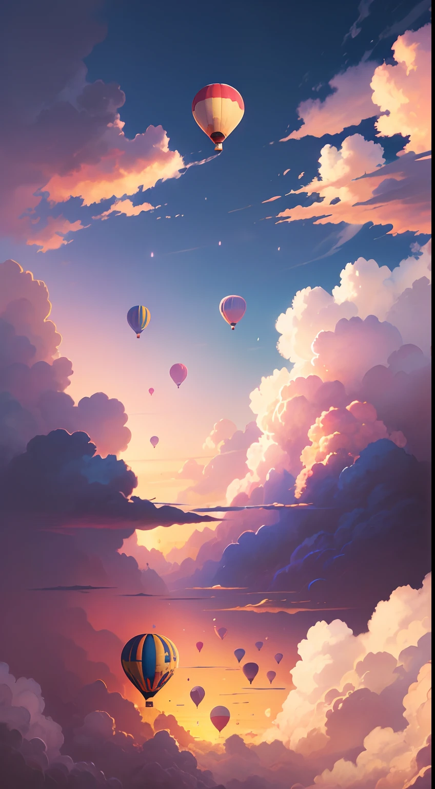 There are many hot air balloons., Anime Clouds, Anime Sky, Beautiful fluffy clouds in the sky. anime, anime background art, Fluffy pink anime clouds, anime landscape wallpaper, shiny sky, Peaceful clouds, Mostly cloudy, Beautiful anime landscapes, Sky Background