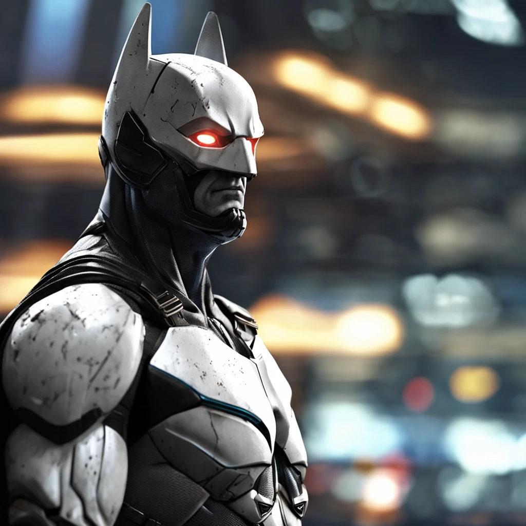 spectacular, Master parts, :The realistic White Batman focuses on the advanced cybernetic suit Orba Prima, high high quality ::n_Style drawing, Low-quality defects,