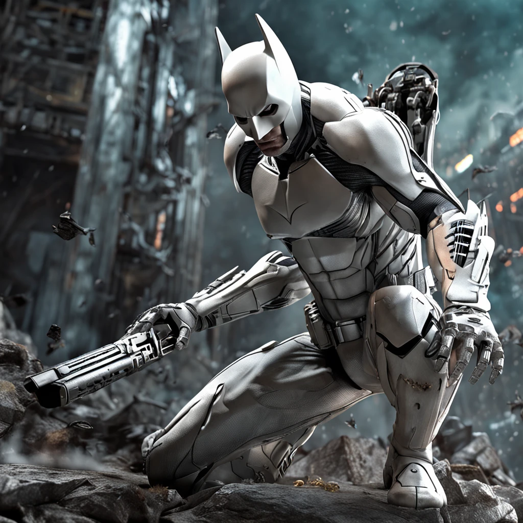spectacular, Master parts, :The realistic White Batman focuses on the advanced cybernetic suit Orba Prima, high high quality ::n_Style drawing, Low-quality defects,