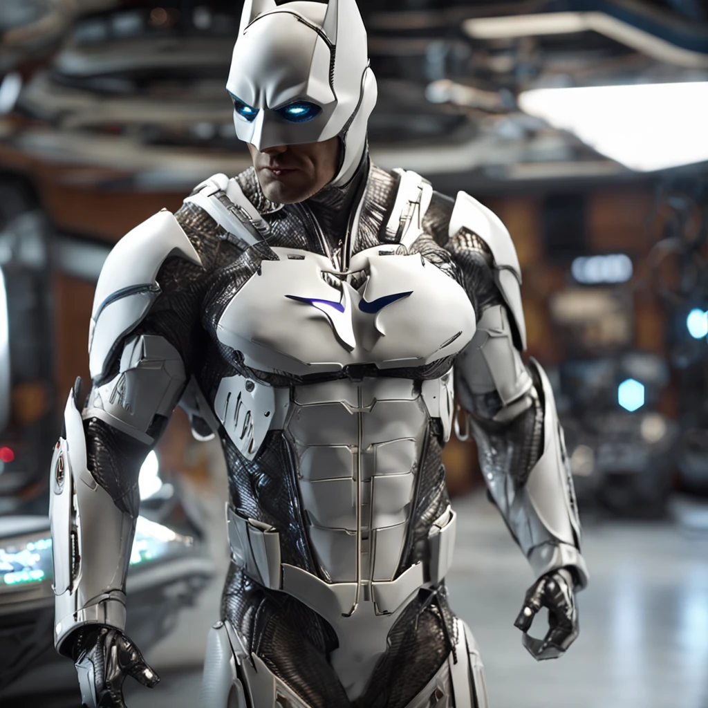 spectacular, Master parts, :The realistic White Batman focuses on the advanced cybernetic suit Orba Prima, high high quality ::n_Style drawing, Low-quality defects,