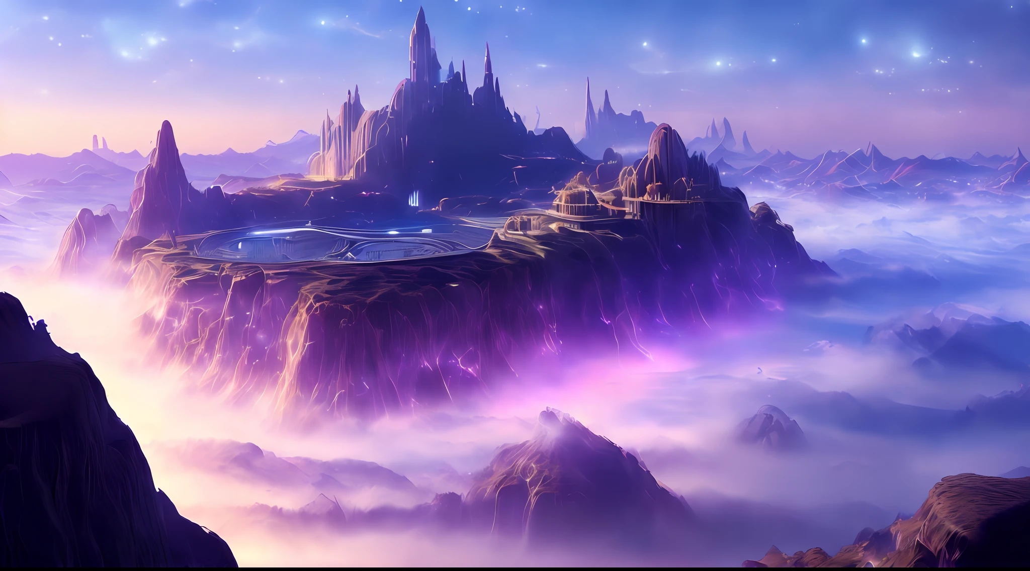 ((master piece)), best quality, (8k, best quality, masterpiece:1.2), ultra-detailed, illustration, big fantasy city, Science fiction, ethereal city, Floating city, many planets in the skies, clouds around, celestial architecture, purple energy scarring around, Giant castle in the center, astral skies, bioluminescent blooms, water magic