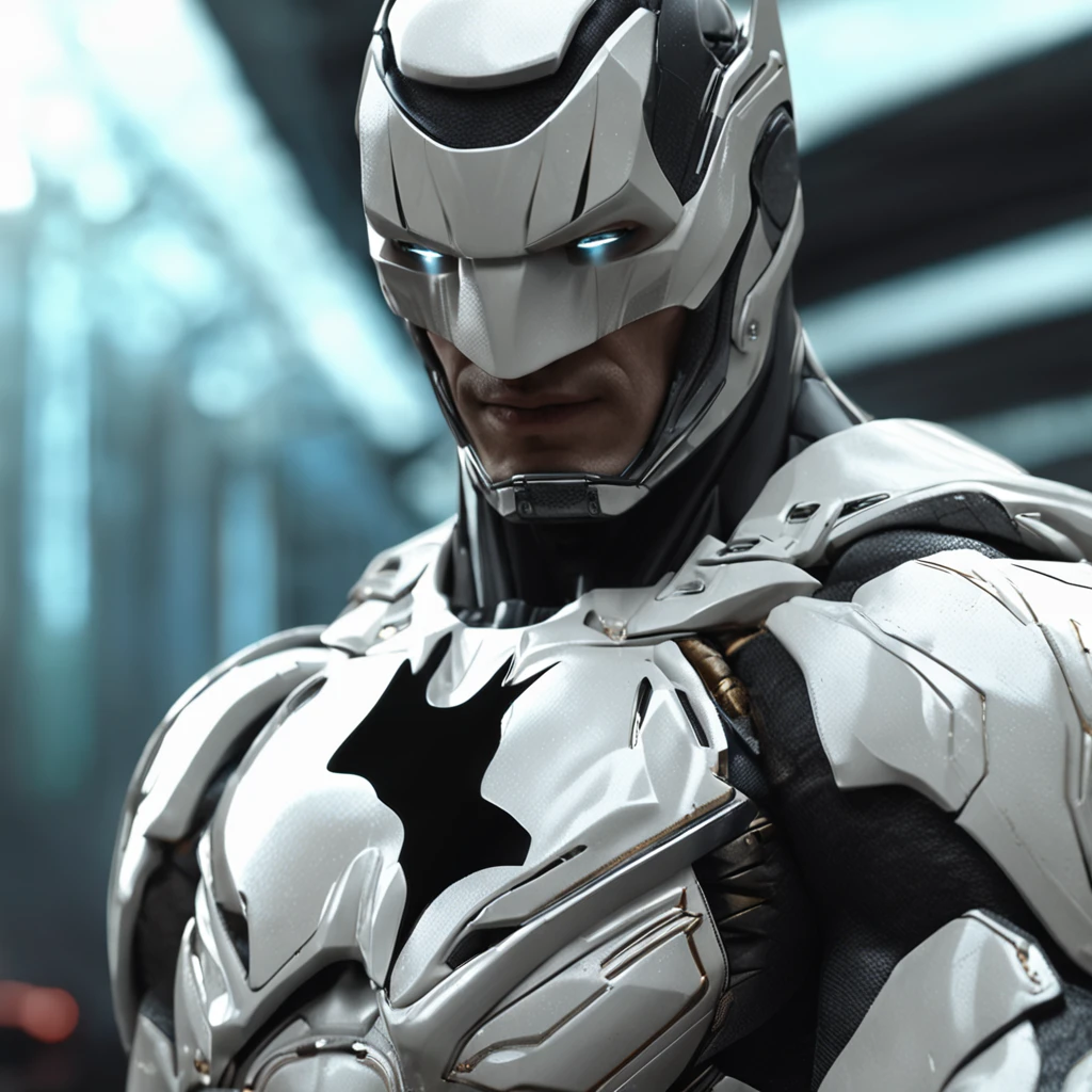 spectacular, Master parts, :The realistic White Batman focuses on the advanced cybernetic suit Orba Prima, high high quality ::n_Style drawing, Low-quality defects,