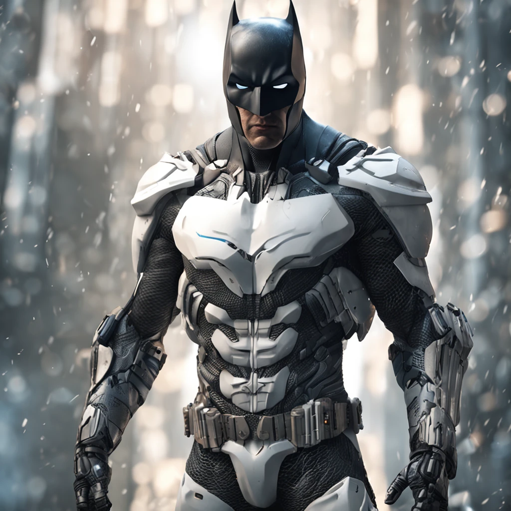 spectacular, Master parts, :The realistic White Batman focuses on the advanced cybernetic suit Orba Prima, high high quality ::n_Style drawing, Low-quality defects,