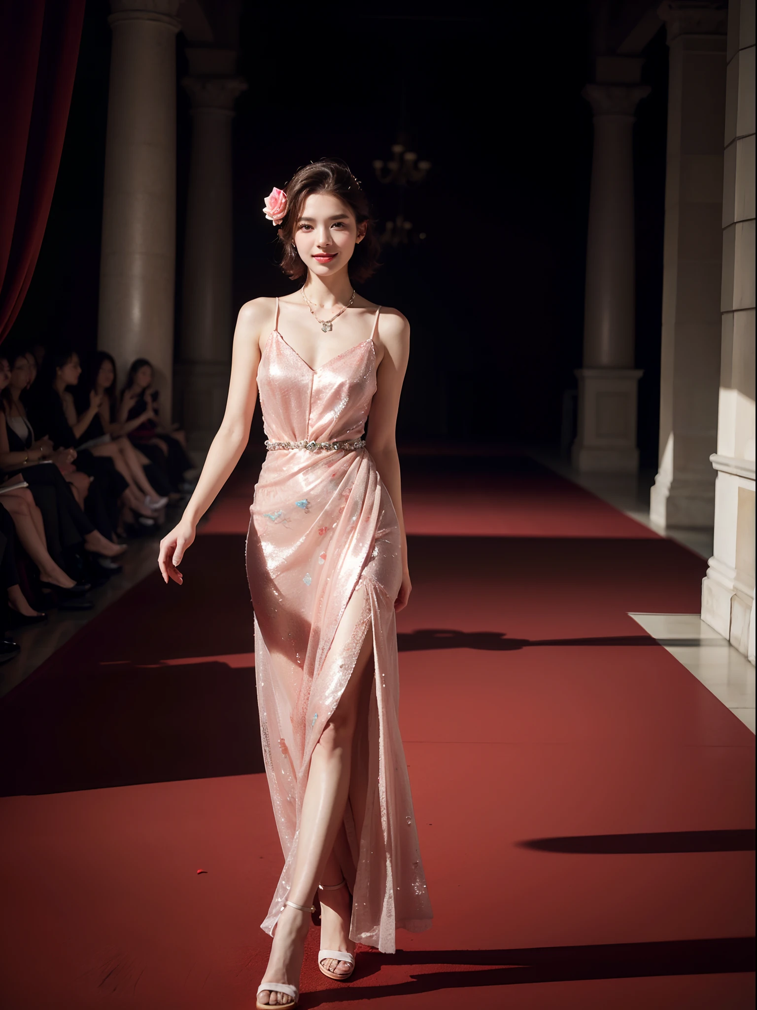 8K high-definition,Beautiful model walking on the catwalk,Perform modeling steps。Wear stylish dresses,Rose long dress,Princess dress,Gorgeous vintage court-style dress,Long skirt,maxiskirt,Large hem,The hem of the long skirt is close to the floor,The style is a fashion week haute couture dress,Advanced customization,Private customization,Fashion show model,Big show,There are tulle jewelry on the skirt。A necklace is worn around his neck,short detailed hair,Hair coiled up,Headwear,largeeyes,Very beautiful and moving,There is only one female model,Women make up a large percentage of the picture,The catwalk is covered with roses,The background is covered with roses,The female model had a smile on her face,standing on your feet,The posture is elegant and dignified,Realistic photo images