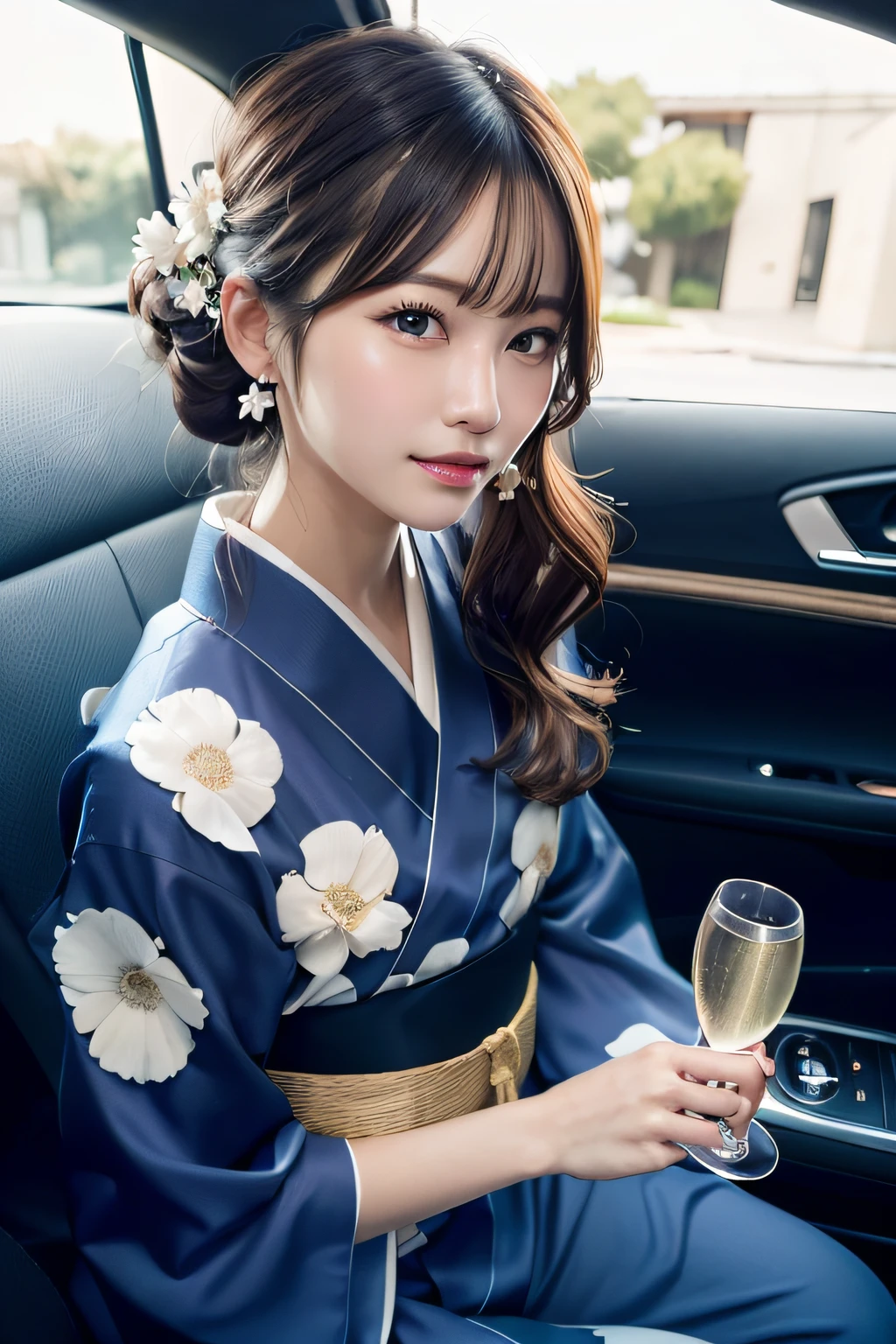 first-person-view, (masterpiece:1.3), high resolution, ultra detailed, extremely detailed CG unity 8k wallpaper, realistic, photo-realistic, RAW photo, beautiful detailed face, pale skin, realistic glistening skin, detailed cloth texture, detailed hair texture, Perfect body, Beautiful Face, accurate, Anatomically correct, Highly detailed face and skin texture, natural neck length, (beautiful hands), (fair skin:1.2), Thin legs, Thin feet, Well-aligned teeth,
BREAK,
Detailed eyes, symmetric eyes, Light Brown eyes, Double eyelids, Thin eyebrows, (Glossy lips:1.4), ((Gently smile:1.2)), (blush:1.1), (A sparkling small hair accessory:1.1),
BREAK,
(A classy and Beautiful girl:1.3), (1 girl, solo), (Wearing A classy navy blue yukata with white flower patterns:1.3),
BREAK,
medium large breasts, slender figure, firm abs, beautiful clavicle, ((updo hairstyle:1.2)), (Dark blonde hair), ((wavy hair, long hair:1.2)),
(Upper body shot:1.2), looking at viewer, From below,
BREAK,
((Sitting opposite on the luxury wide seat of car:1.2)), ((To toast with a champagne glass at Night:1.3)),
