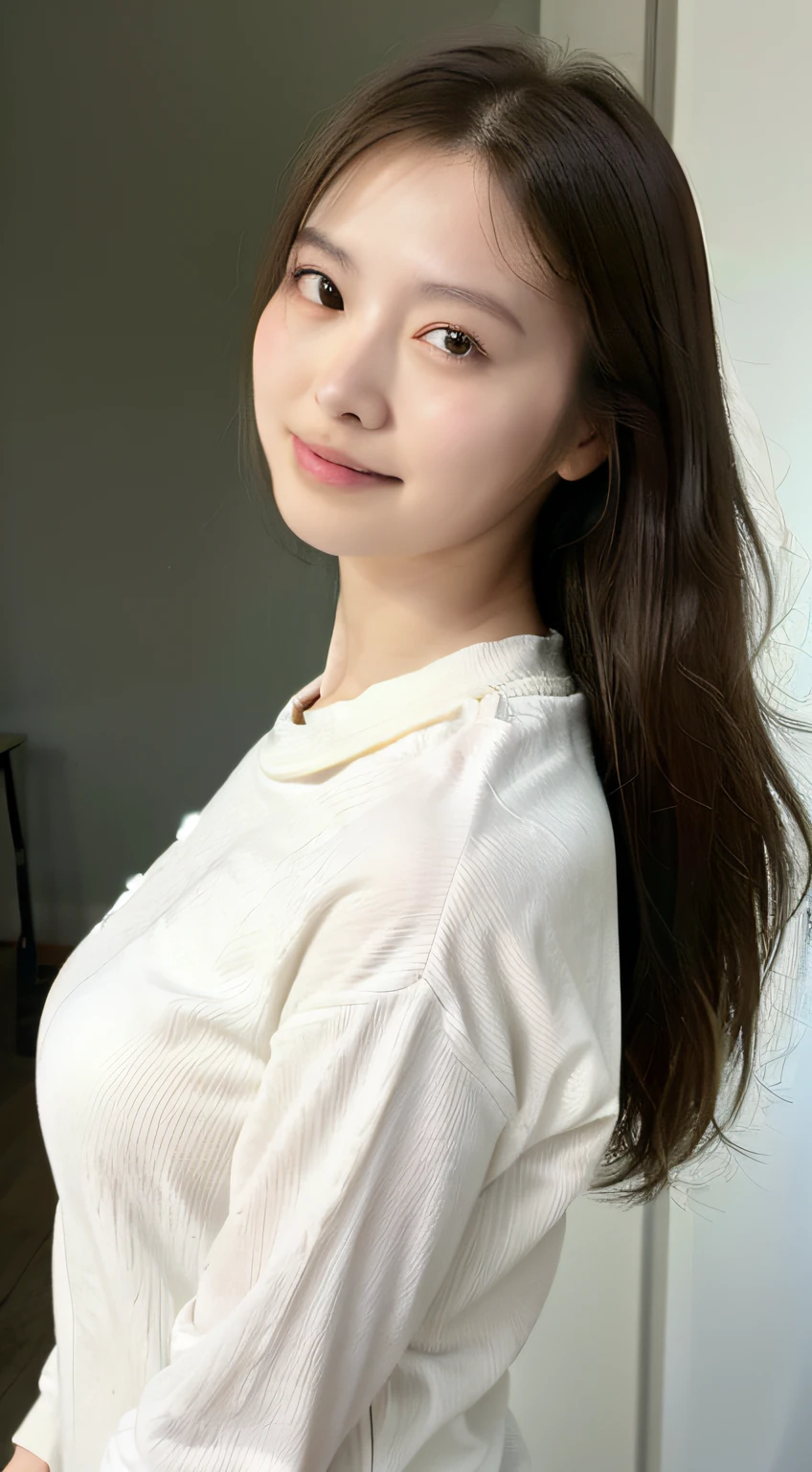 white tight shirt、white tight mini skirt、bed、smile、short sleeve、high resolution、Korean idol face