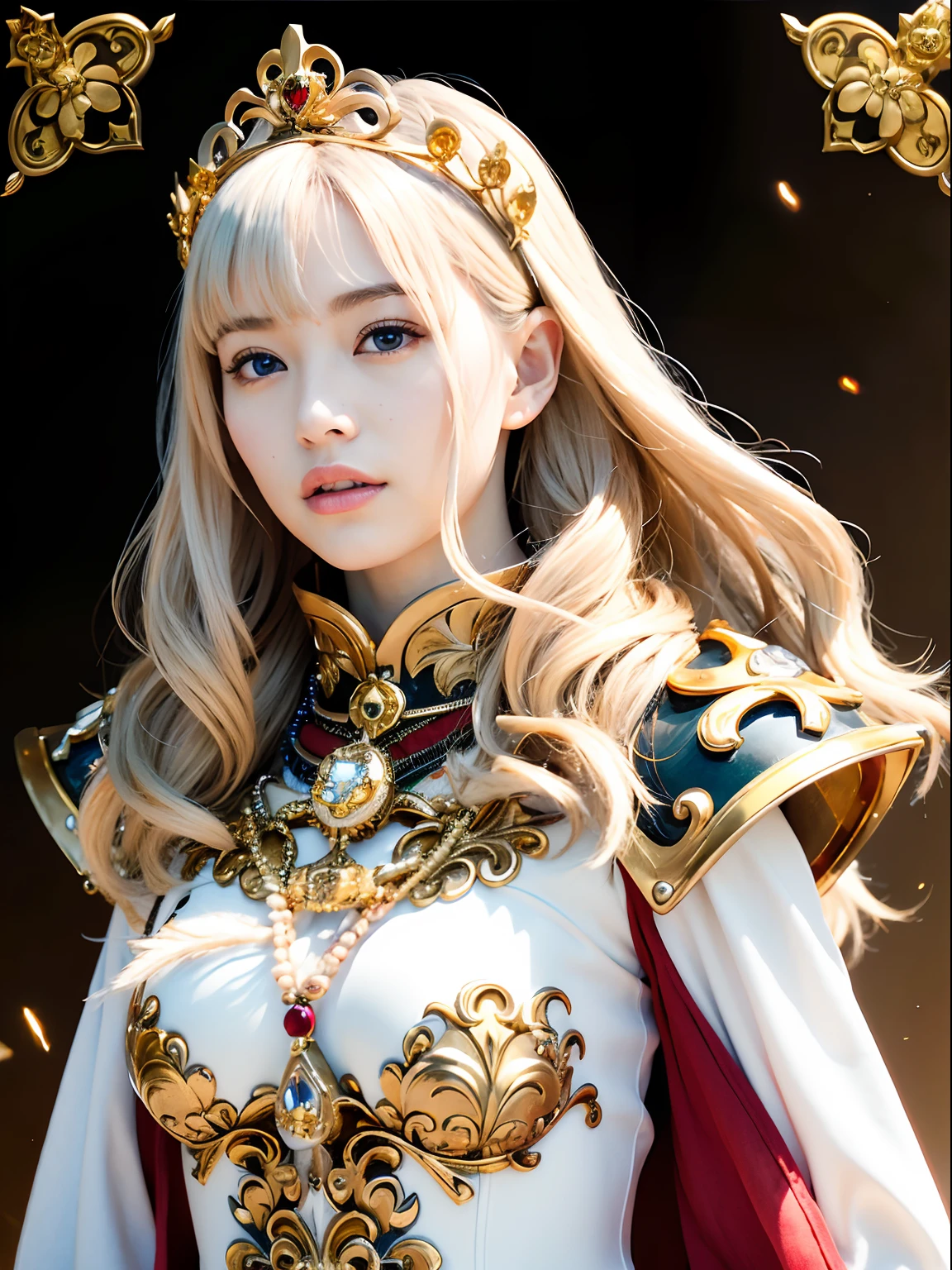 (masutepiece), Professional , ​masterpiece、top-quality、photos realistic , depth of fields （Gemstone White Metal Body:1.９),(Matte White、Jewel Gold Weapon（Jewel Metal Body:1.４),Gorgeous metal weapons ,（（ Detailed and gorgeous sword of the brave）） , Beautiful knife   ,warhammer 40k , adepta sororitas,Detail and ornate jewel crown、（（Golden hair））、（（Gangle's forest background））、Beautiful Caucasian beauty、１a person、dynamic ungle,(((Detailed and ornate diamond crown)))、Smaller head、A smile、Background inside the castle、Thin and beautiful female hands、cleavage of the breast、Soldier in iron armor on background、Mystical expression、Light Effects、intense fighting、Wind-effect、