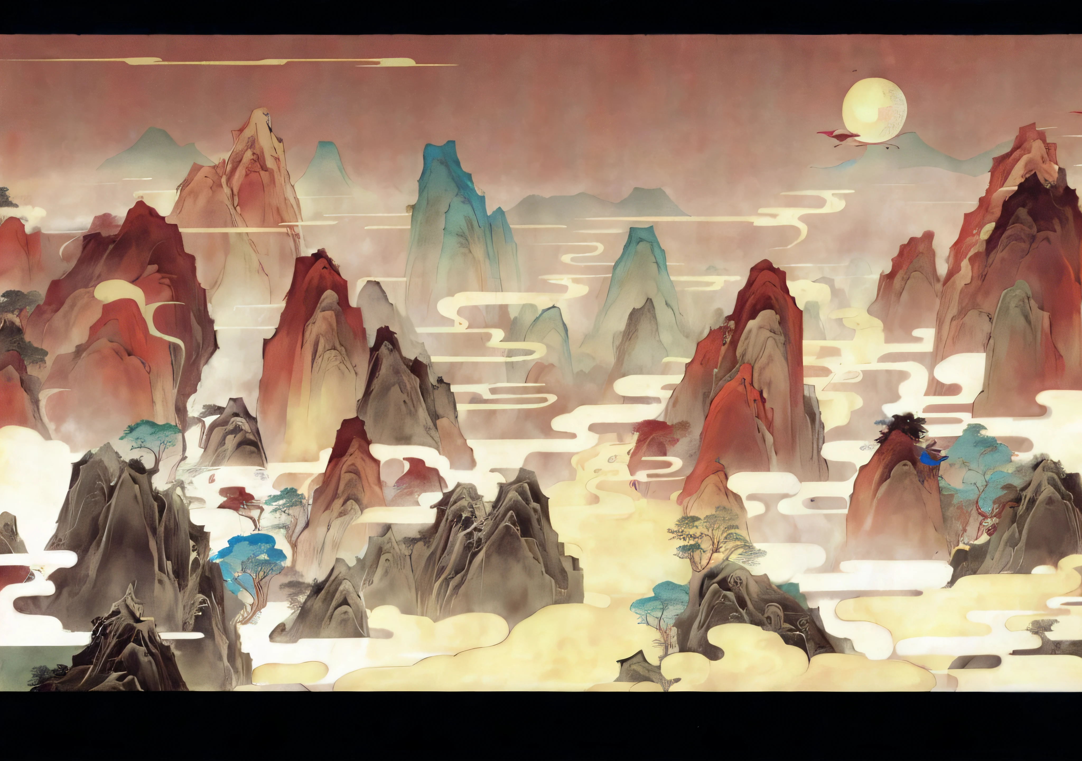 background artwork, Onmyoji detailed art, avatar landscape,,Anime landscape, Chinese landscape, Anime background art, victo ngai! cmyk palette, anime backgrounds, an illustration of inspired by Victo Ngai