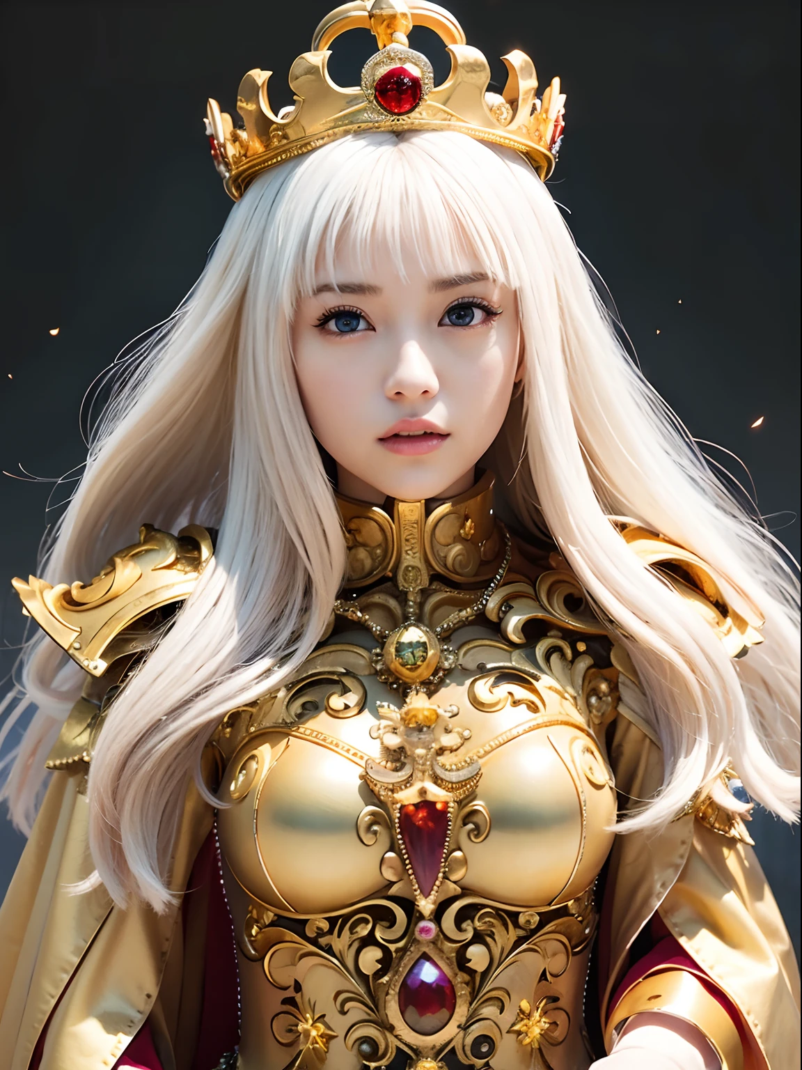 (masutepiece), Professional , ​masterpiece、top-quality、photos realistic , depth of fields （Gemstone White Metal Body:1.９),(Matte White、Jewel Gold Weapon（Jewel Metal Body:1.４),Gorgeous metal weapons ,（（ Detailed and gorgeous sword of the brave）） , Beautiful knife   ,warhammer 40k , adepta sororitas,Detail and ornate jewel crown、（（Golden hair））、（（Gangle's forest background））、Beautiful Caucasian beauty、１a person、dynamic ungle,(((Detailed and ornate diamond crown)))、Smaller head、A smile、Background inside the castle、Thin and beautiful female hands、cleavage of the breast、Soldier in iron armor on background、Mystical expression、Light Effects、intense fighting、Wind-effect、