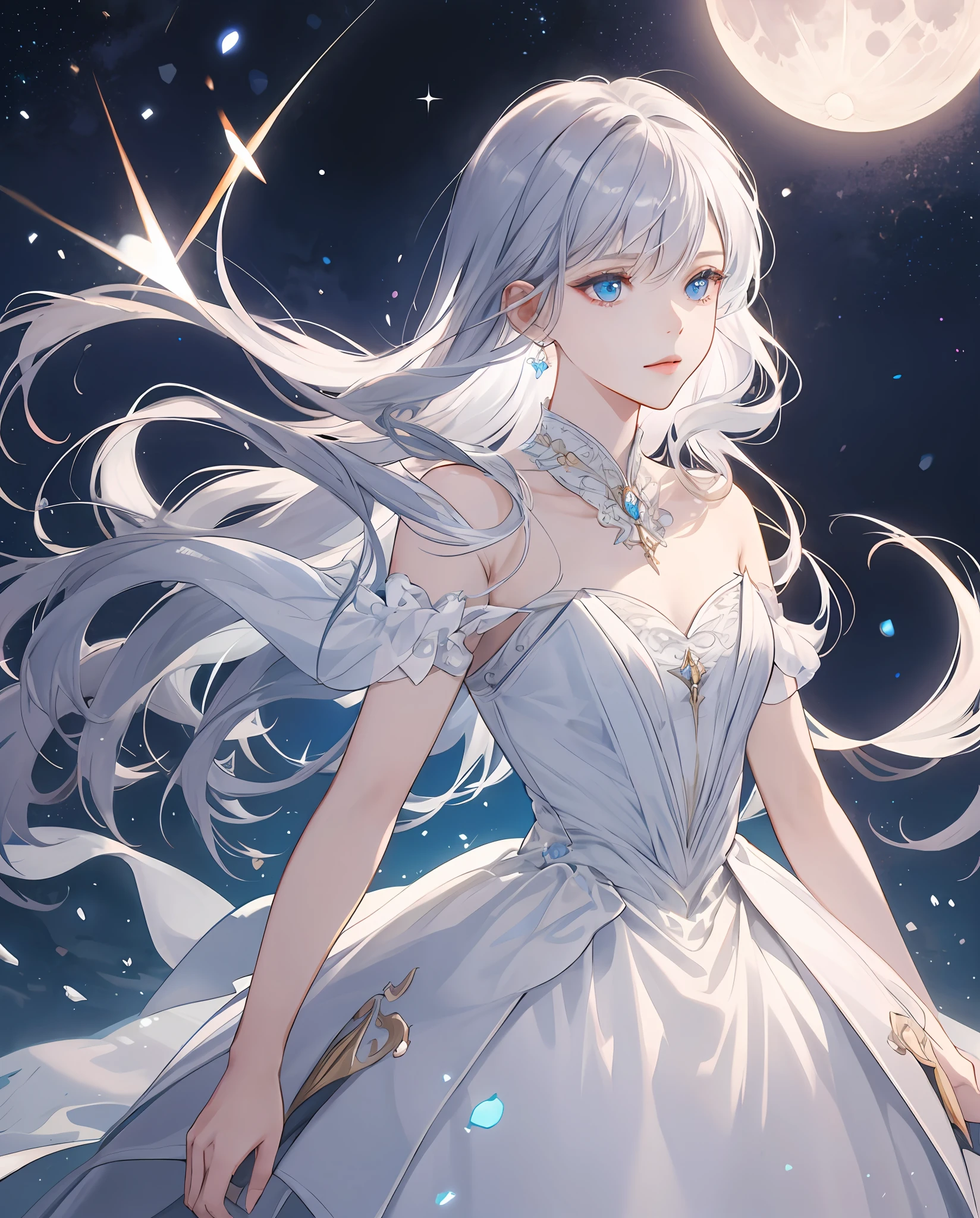 1girll, Solo, Super fine illustration, An extremely delicate and beautiful, Best quality, Silver hair, Blue eyes, Cute, Lovely, elegant, moon surface, Moonlight, Dazzling, Shining, Radiant, Sparkling, magical, Dreamy, Enchanting, Ethereal, mistic, Otherworldly, Celestial, Futuristic.
