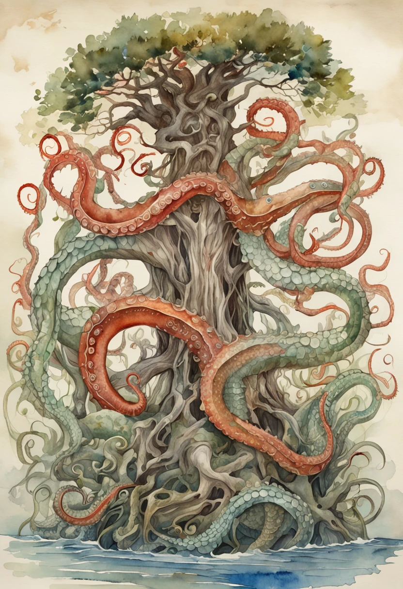 Tentacle demon tree, tentacle tree, plant tentacle, binding, devouring goddess, magic, tentacle trunk inlaid with a beautiful woman, inlaid with a woman kneeling in the tentacle tree fused with the demon tree, covered with tentacles, fine details. Anime. Tentacles, tentacles surrounding, wrapped around colored tentacles, some tentacles touching her, huge greasy tentacles and eyes, many sucked tentacles. Hybrid, biomechanical Oppein, many tentacles, densely packed tentacles, mucus and tentacles, twisted tentacles