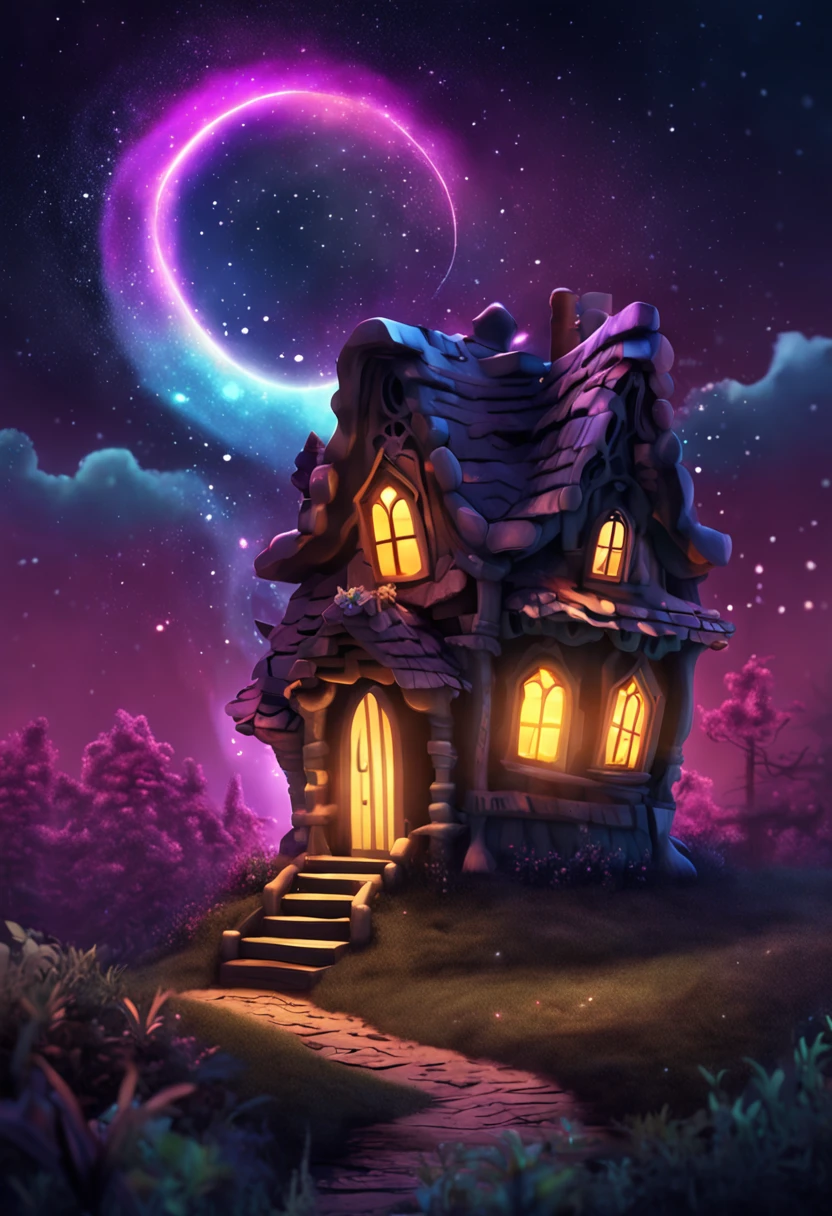 Cute little magic mystery fairy house, in magical woods, Illuminated by a swirling nebula of cosmic dust, dark color, Digital Art Illustration, dark color, Digital Art Illustration, perfect symmetry, Rim lighting, Pixar Studios, hard disk