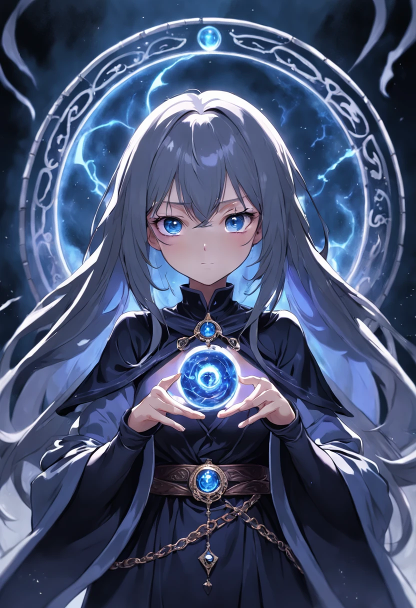 dark magic user, black holes, witch, cursed tattoo, robes, grey skin, crest, close-up, huge magic circle on hand, fantasy art, sapphire accesory, perfect body shape, look away, shy blushing face, masterpieces, solo, magical belt, void aura, mystic quality, less clothes