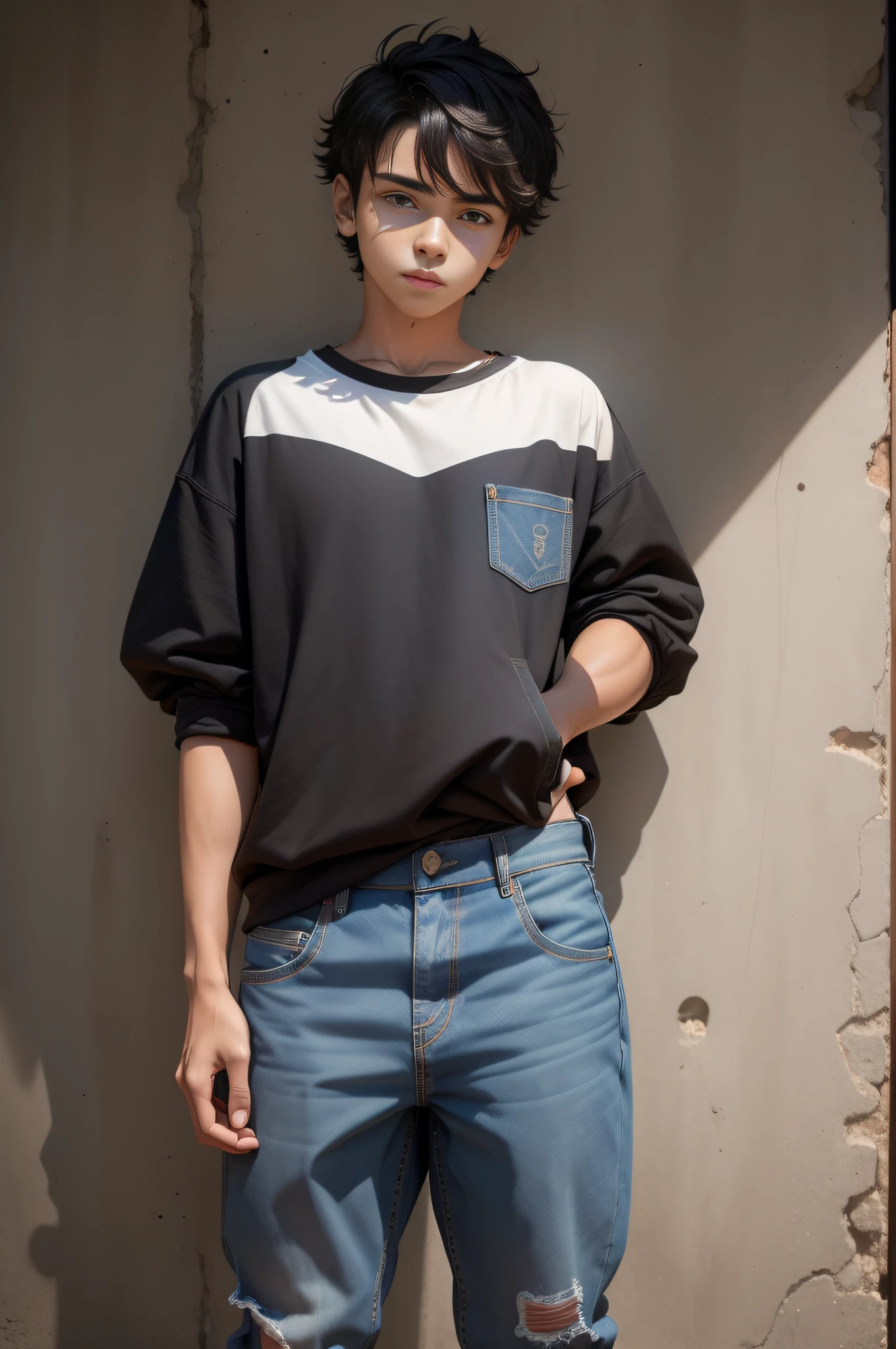 garoto homem adolescente, 15 anos de idade, loiro, olhos castanhos, cabelo desgrenhado, cabelo grande, roupas largas, sorriso no rosto, arte realista, realista, camisa preta, Denim Jeans Pants, corpo inteiro, ultra detalhado, anatomia detalhada, tenis all star preto, moletom preto, pale skinned, pele branca, cabelo longo