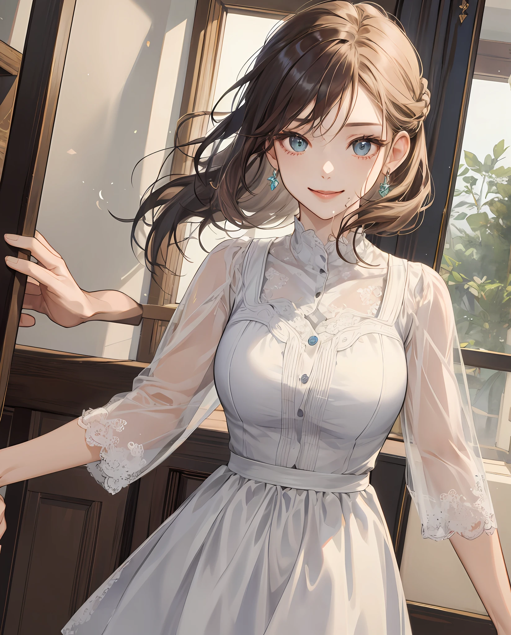 ((Best Quality, 8K, Masterpiece: 1.3)), 1girl, Slim Abs Beauty: 1.3, (Casual hairstyle, Leaking Big Breasts: 1.2), Dress: 1.1, Super fine face, Delicate eyes, Double eyelids, smile, homely