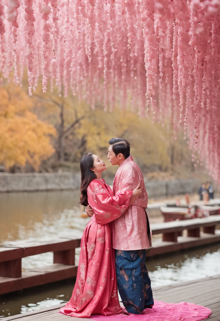 Tanabata Valentine's Day romantic poster,Close-up of a man and a woman kissing on a wooden bridge,Peach blossoms bloom on both sides of the river,Countless pink petals fell from the sky,Several magpies flew around in the sky,