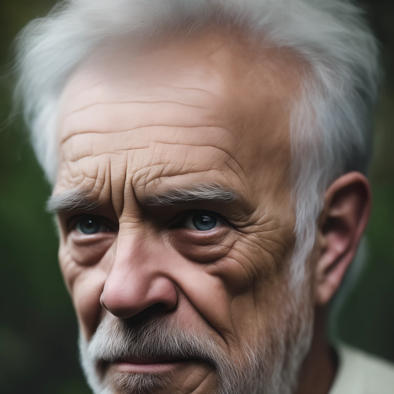 Um senhor de cabelos grisalhos, devout Christian, com cabelos compridos que caem em cascata pelos ombros, has a serious face marked by wisdom. His eyes reflect the deep devotion he feels for God.