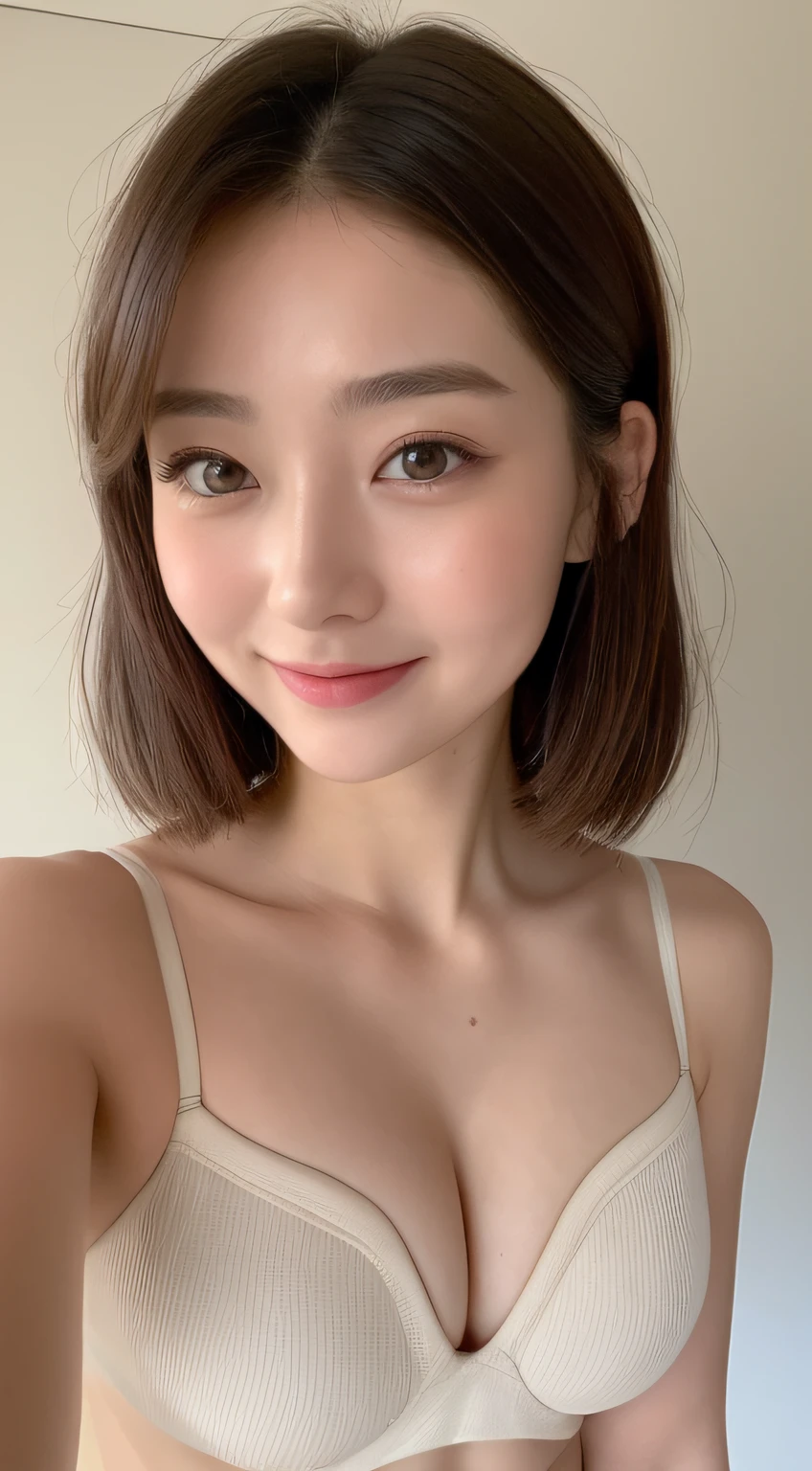 ((Best picture quality, 8K, tmasterpiece:1.3)), 1girll, Beautiful woman with slender abs:1.3, (Casual hairstyle, No leakage of big breasts:1.2), Low-cut bra，Super large，Ultra-fine face, A detailed eye, 二重まぶた，ssmile，Home，The figure is very bad，tiny small waist，Super big breasts，Close-up，Close-up chest，White-skinned，The background is casual，Close-up Shot Shot