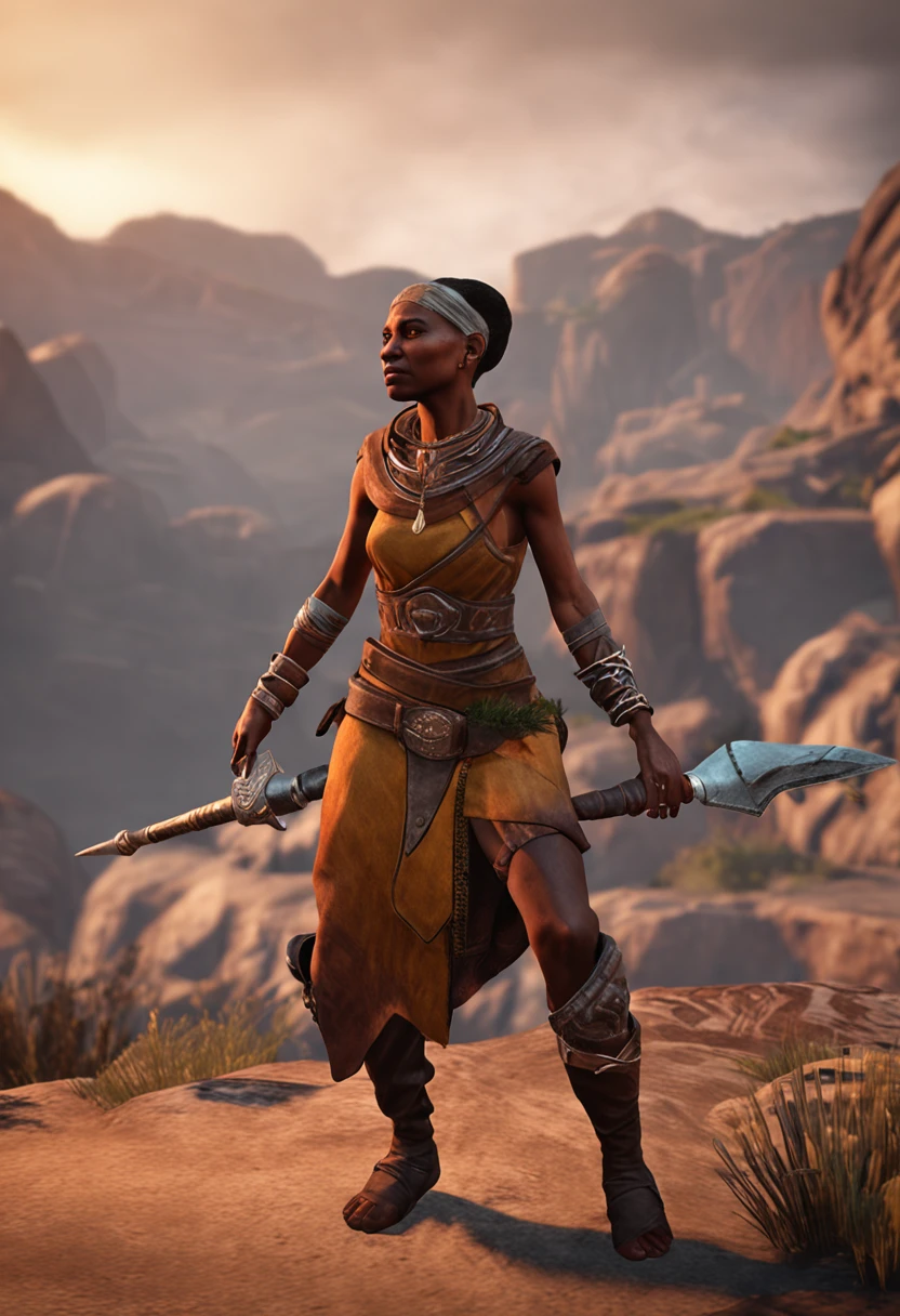Elders scrolls Video Game Series, Redguard woman, african american woman, dynamic pose, action pose, placed in elder scrolls world