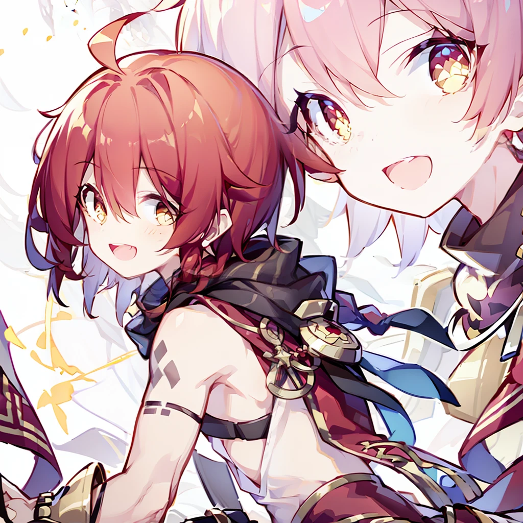 Short crimson hair,Back braids,big laughter,1boys,Tattered scarf,cheerful big breasts,naïve,Golden eyes,flatchest,Traveler attire,Patches on the body,bandaid on nose