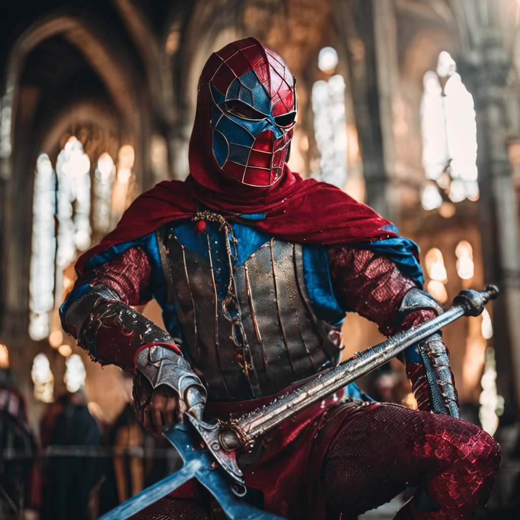 Marvel at the magical spider - the man who served as a medieval themed knight, Full set of red and blue glittering armor, Intricate details, Depicted in action poses, holds a spear, Medieval town in the background, Photorealistic, Dramatic lighting, Beautiful color grading, 8K resolution, Shot with Canon EOS C70 RF24–105mm lens