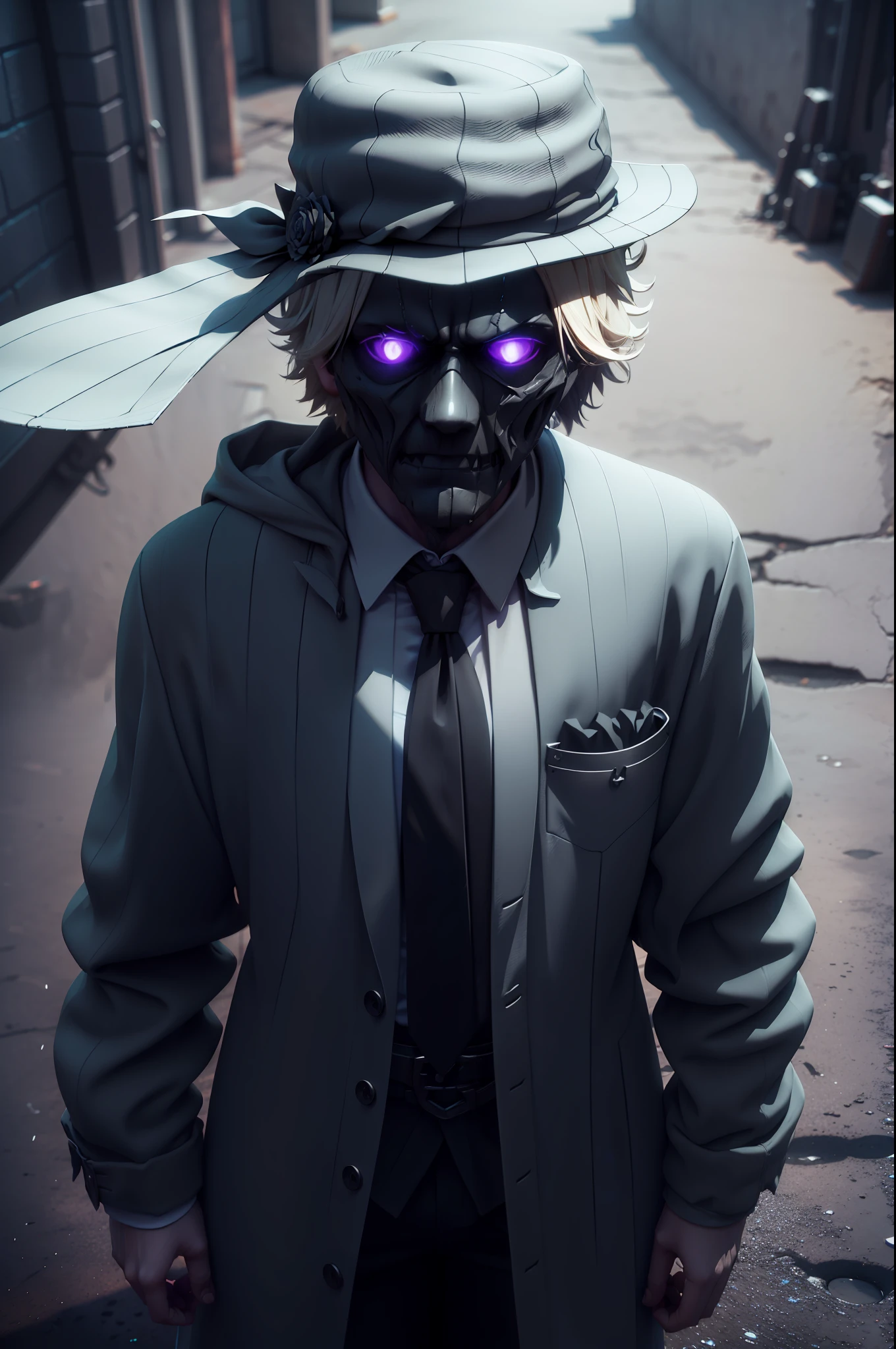 there is a short slender man wearing a tie and a hat, dark hat, twisted god with no face, ( ( ( ( 3 d render ) ) ) ), inspired by Alfred Freddy Krupa, with a weird hood, halfbody headshot, detailed unblurred face, unknown artstyle, faceless people dark, character with a hat, dark themed, shadow alleyway, neon, bright, 4k, blonde fluffy hair
