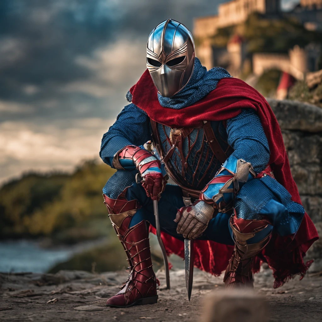 Marvel at the magical spider - the man who served as a medieval themed knight, Full set of red and blue glittering armor, Intricate details, Depicted in action poses, holds a spear, Medieval town in the background, Photorealistic, Dramatic lighting, Beautiful color grading, 8K resolution, Shot with Canon EOS C70 RF24–105mm lens