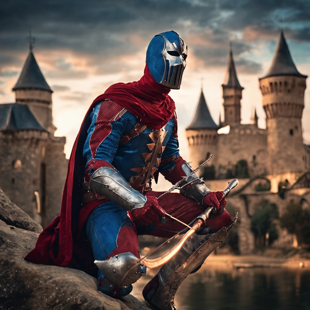 Marvel at the magical spider - the man who served as a medieval themed knight, Full set of red and blue glittering armor, Intricate details, Depicted in action poses, holds a spear, Medieval town in the background, Photorealistic, Dramatic lighting, Beautiful color grading, 8K resolution, Shot with Canon EOS C70 RF24–105mm lens