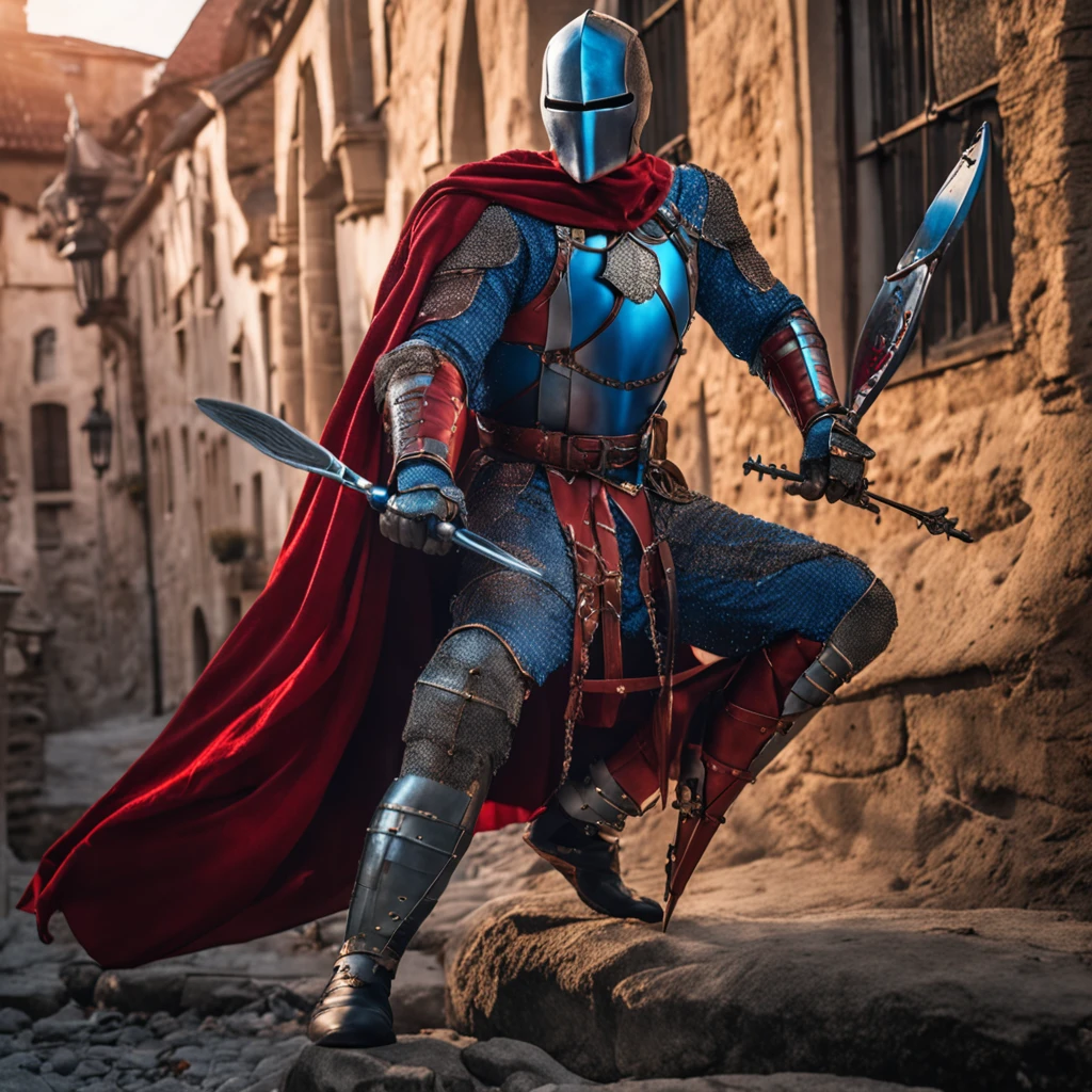 Marvel at the magical spider - the man who served as a medieval themed knight, Full set of red and blue glittering armor, Intricate details, Depicted in action poses, holds a spear, Medieval town in the background, Photorealistic, Dramatic lighting, Beautiful color grading, 8K resolution, Shot with Canon EOS C70 RF24–105mm lens