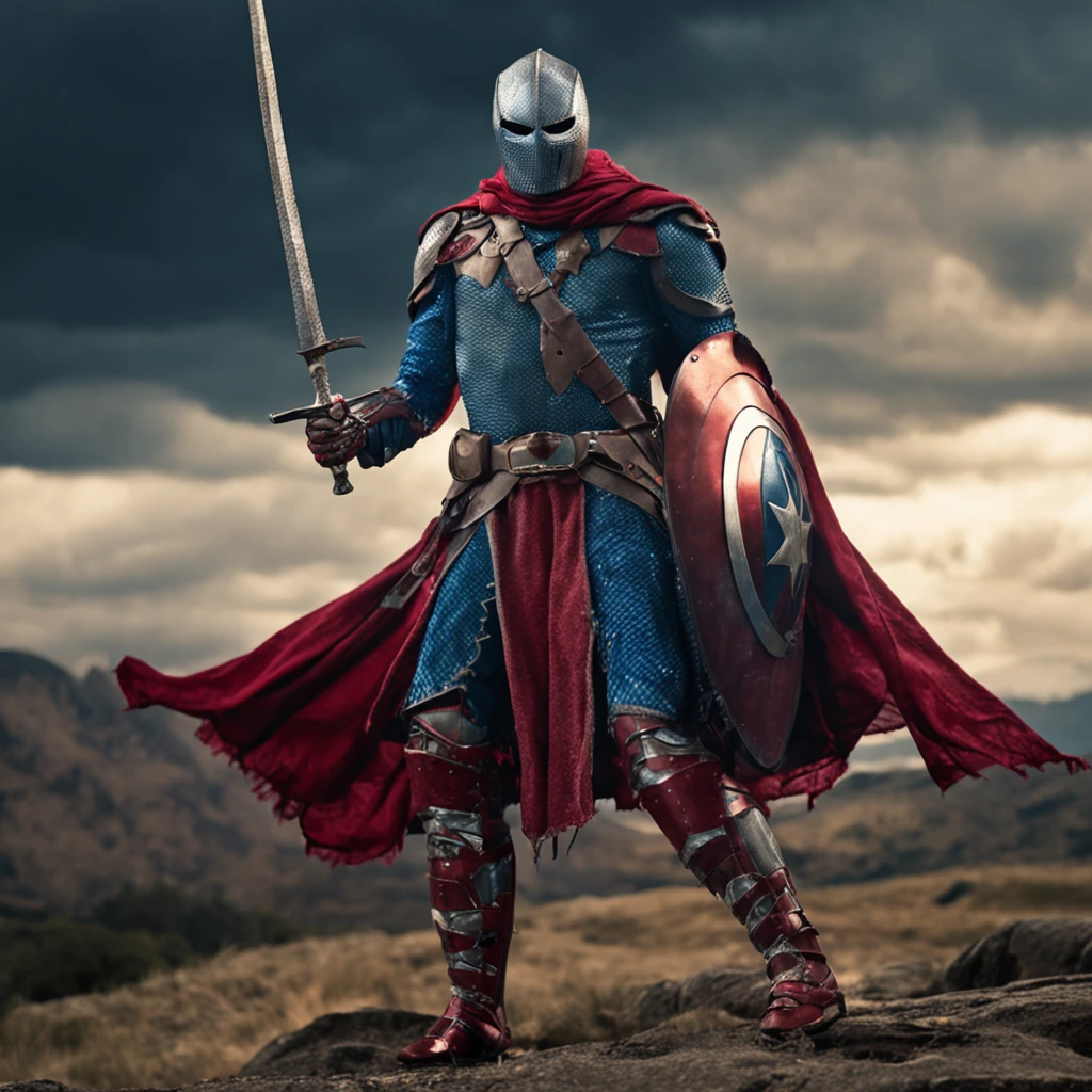 Marvel at the magical spider - the man who served as a medieval themed knight, Full set of red and blue glittering armor, Intricate details, Depicted in action poses, holds a spear, Medieval town in the background, Photorealistic, Dramatic lighting, Beautiful color grading, 8K resolution, Shot with Canon EOS C70 RF24–105mm lens