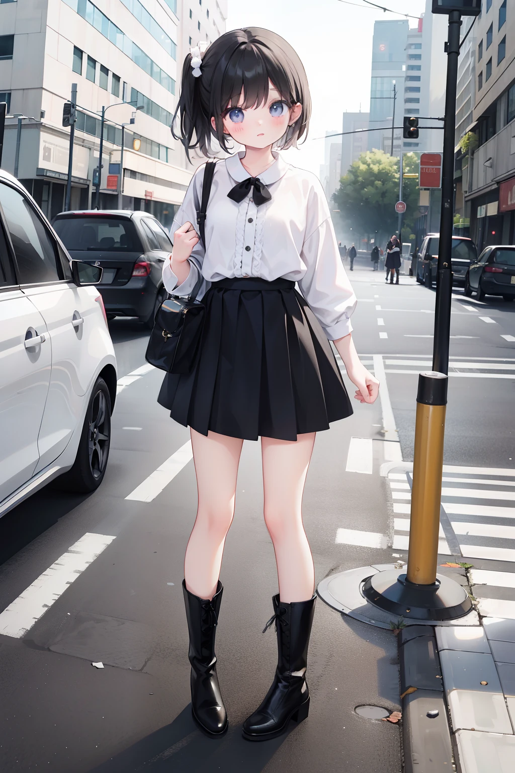 All over a girl standing on the street with small black and white boots