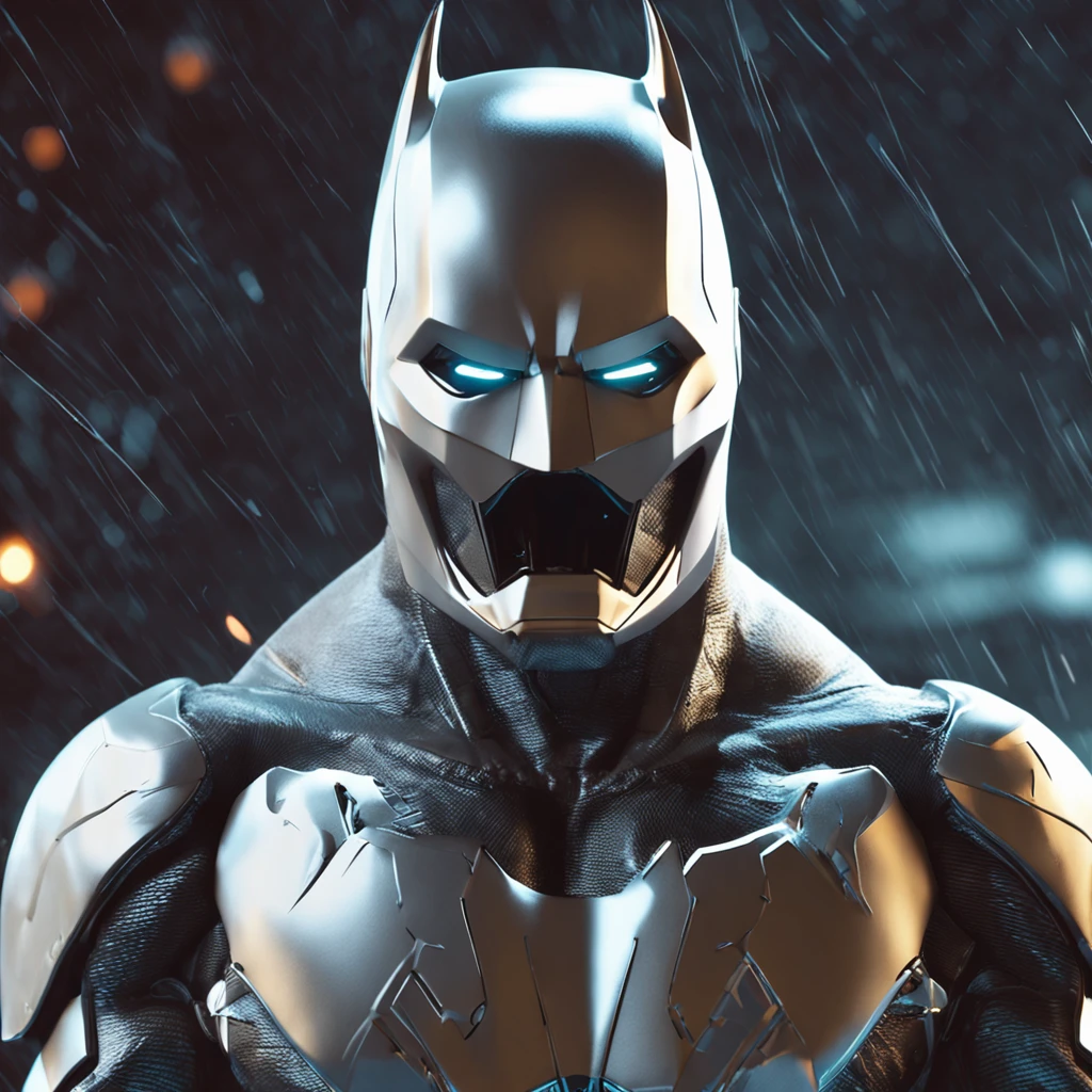 spectacular, Master parts, :The realistic White Batman focuses on the advanced cybernetic suit Orba Prima, high high quality ::n_Style drawing, Low-quality defects,
