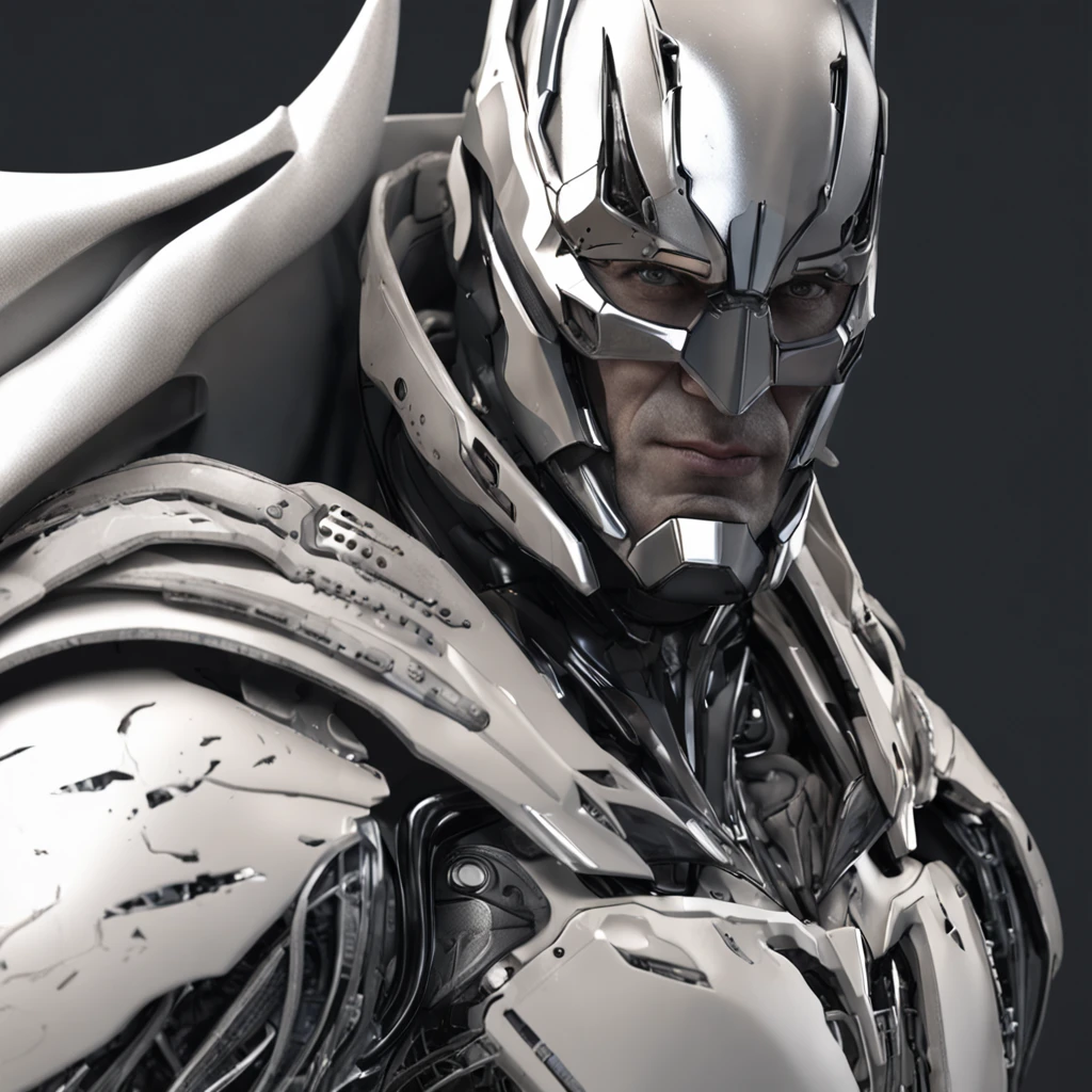 spectacular, Master parts, :The realistic White Batman focuses on the advanced cybernetic suit Orba Prima, high high quality ::n_Style drawing, Low-quality defects,
