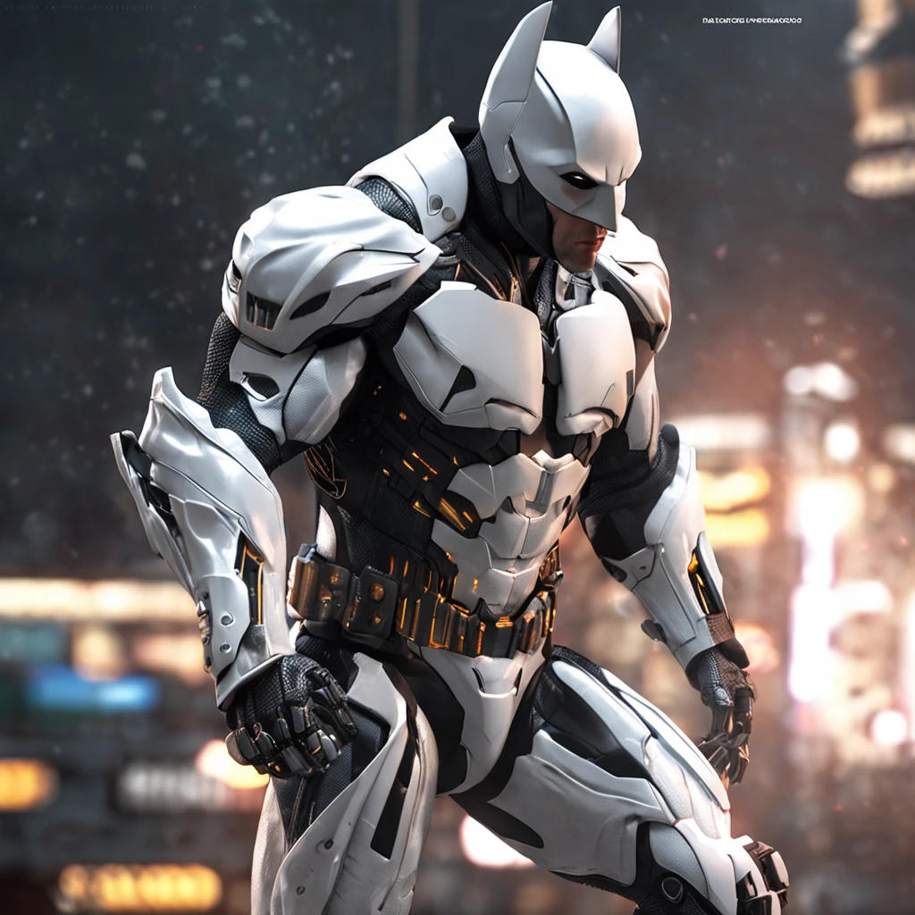 spectacular, Master parts, :The realistic White Batman focuses on the advanced cybernetic suit Orba Prima, high high quality ::n_Style drawing, Low-quality defects,