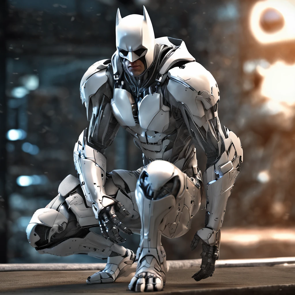 spectacular, Master parts, :The realistic White Batman focuses on the advanced cybernetic suit Orba Prima, high high quality ::n_Style drawing, Low-quality defects,