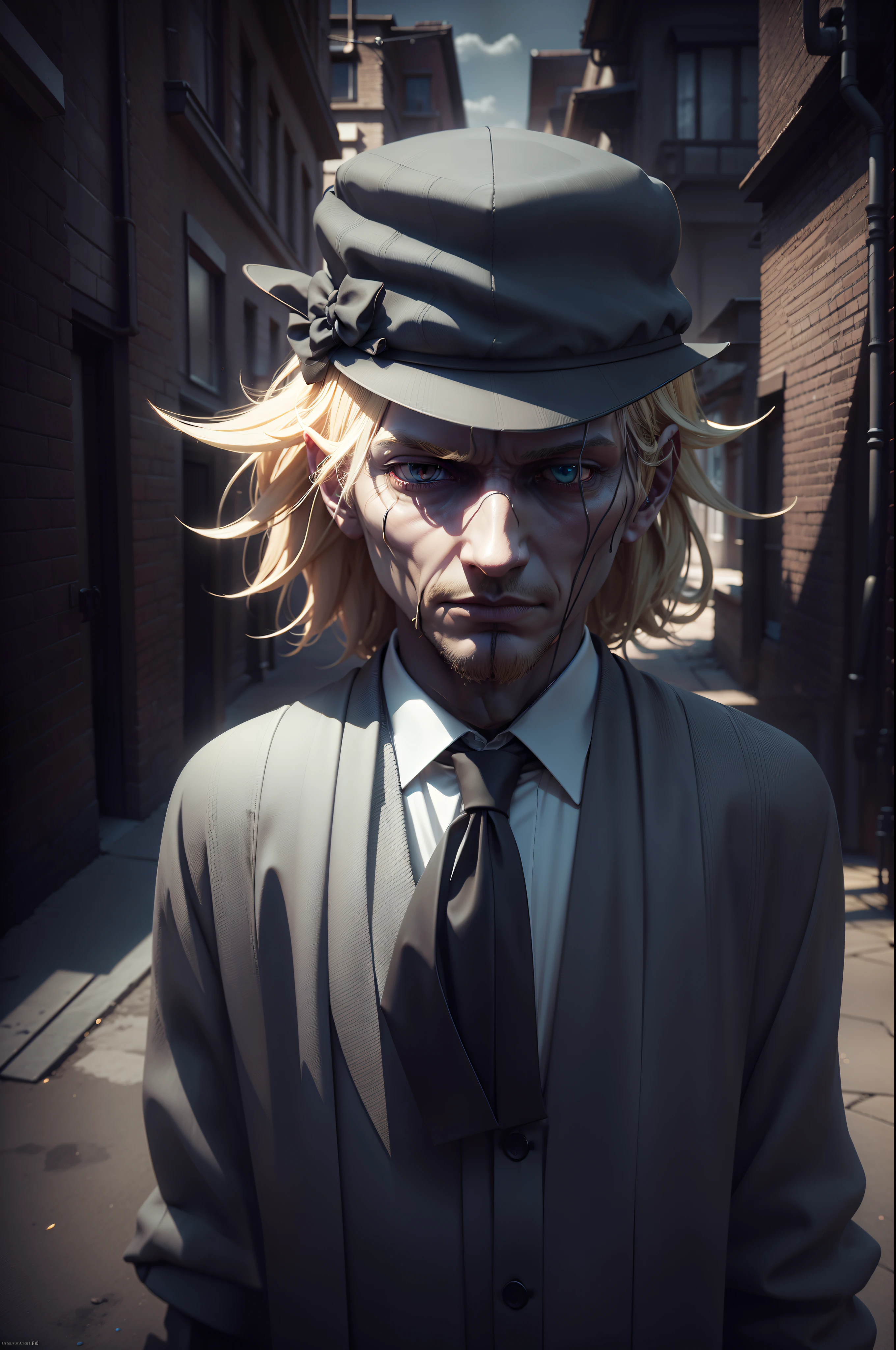 there is a short slender man wearing a tie and a hat, dark hat, twisted god with no face, ( ( ( ( 3 d render ) ) ) ), inspired by Alfred Freddy Krupa, with a weird hood, halfbody headshot, detailed unblurred face, unknown artstyle, faceless people dark, character with a hat, dark themed, shadow alleyway, neon, bright, 4k, blonde fluffy hair
