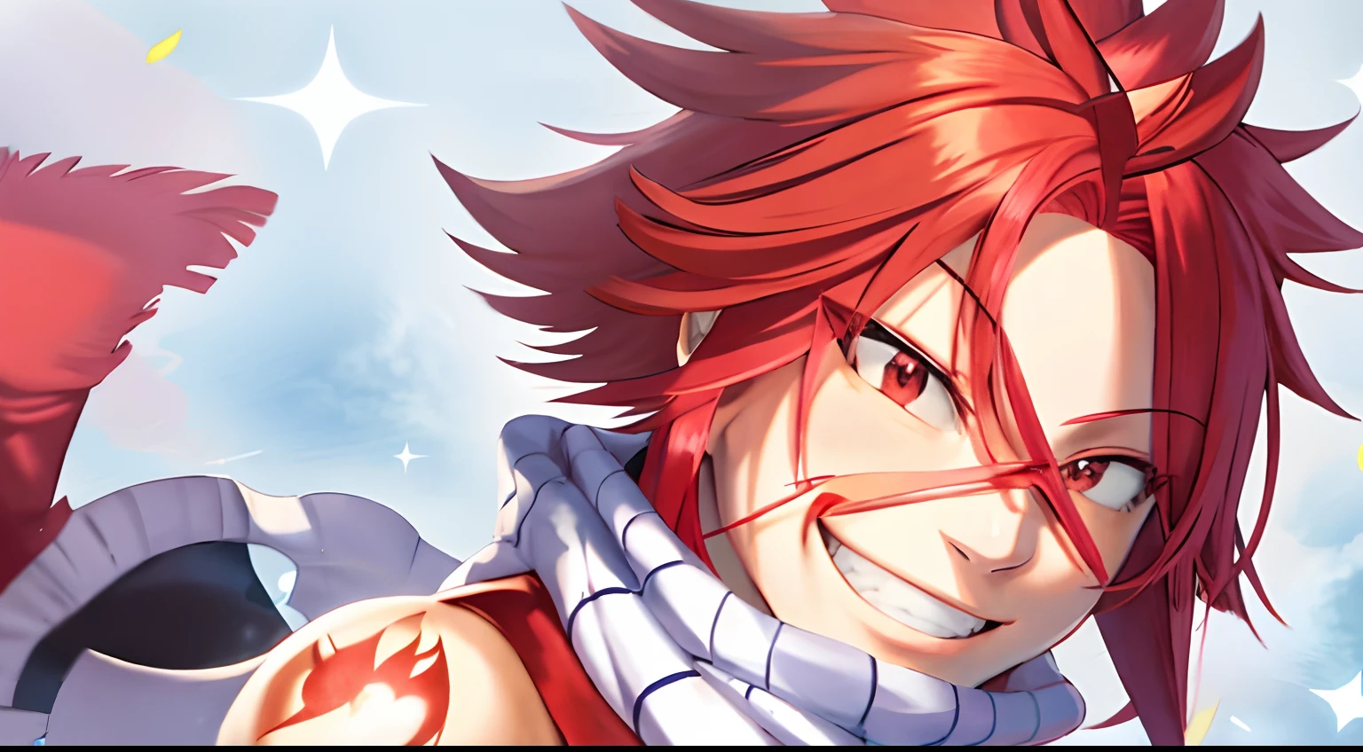 anime character with red hair and a scarf smiling, grinning lasciviously, smiling but has a temper, cunning smile, [[[[grinning evily]]]], anime style”, erza scarlet as a real person, smiling!! fantasy, anime”, choke smirk smile grin, manga”, smiling maniacally, anime masterpiece, giddy smirk
