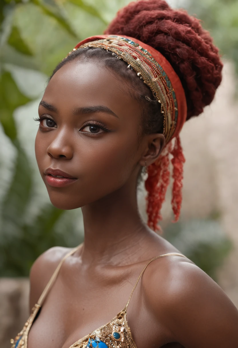 "Art africa official party, beautiful and aesthetic, black woman, masterpiece, beautiful detailed Eyes, Perfect eyes , Liam Wong, 1 brunette girl, (((red hair))), (((African))), bare shoulders,Super detailed eyes, African culture, short skirt, sexy, navel, very detailed,(highly detailed skin: 1.2), shiny skin, oily skin, wet skin, African city in the background, colorful party,Masterpiece, best quality, ultra high-resolution detailed illustration with a focus on portrait. Artlist_Milli-Liter, watercolor style, ink style, sketch style,Primary works,(its distinctive appearance and personality shining through: 1.1) , ( a snapshot capturing the ethereal allure of the black woman within the enchanting forest:1.1)),Arte Oficial, Beautiful and Aesthetic, 512 mil, Juju,silky hair, shiny hair, small waist, extremely beautiful, skin texture, dark skin tone, extremely defined body, athletic body. Wearing well detailed and refined chest and shorts. She is seated on a majestic and exquisite throne with precious stones, gold and silver detailed throne, red cushioned throne. Extremely detailed image.perfect_hands, hand-painted lines, Edge line, ink mark, Pencil line, vivid colors. Detailed depiction of girls wearing frilled clothes and featuring beautifully detailed skin."Juju