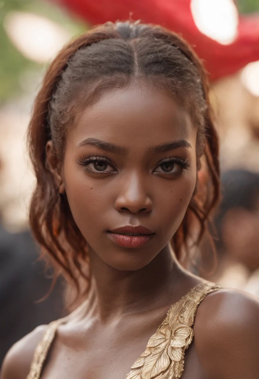 "Art africa official party, beautiful and aesthetic, black woman, masterpiece, beautiful detailed Eyes, Perfect eyes , Liam Wong, 1 brunette girl, (((red hair))), (((African))), bare shoulders,Super detailed eyes, African culture, short skirt, sexy, navel, very detailed,(highly detailed skin: 1.2), shiny skin, oily skin, wet skin, African city in the background, colorful party,Masterpiece, best quality, ultra high-resolution detailed illustration with a focus on portrait. Artlist_Milli-Liter, watercolor style, ink style, sketch style,Primary works,(its distinctive appearance and personality shining through: 1.1) , ( a snapshot capturing the ethereal allure of the black woman within the enchanting forest:1.1)),Arte Oficial, Beautiful and Aesthetic, 512 mil, Juju,silky hair, shiny hair, small waist, extremely beautiful, skin texture, dark skin tone, extremely defined body, athletic body. Wearing well detailed and refined chest and shorts. She is seated on a majestic and exquisite throne with precious stones, gold and silver detailed throne, red cushioned throne. Extremely detailed image.perfect_hands, hand-painted lines, Edge line, ink mark, Pencil line, vivid colors. Detailed depiction of girls wearing frilled clothes and featuring beautifully detailed skin."Juju