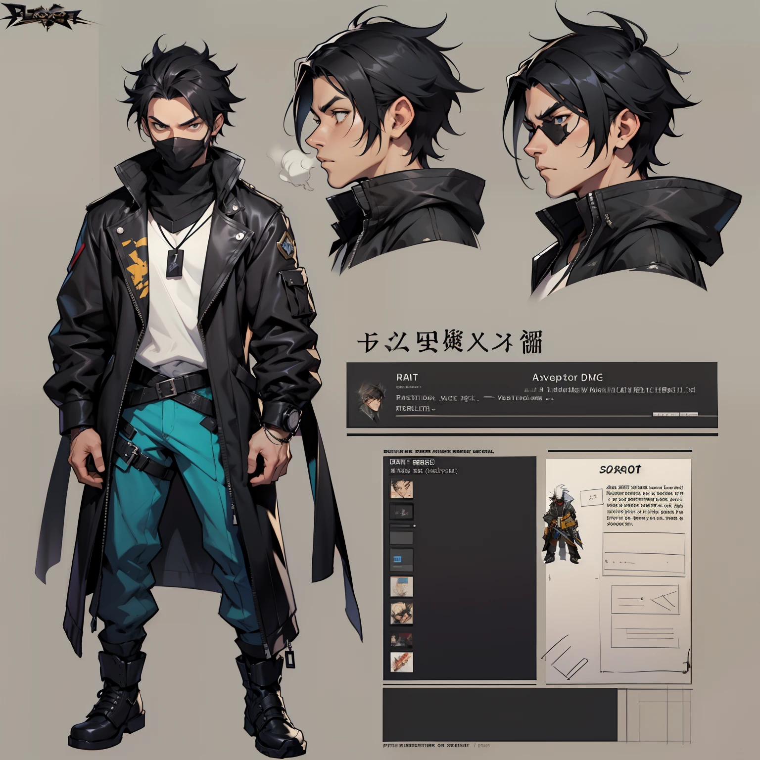 A man with a black jacket over a white shirt, black ClothMask , pushed back black hair , ((character concept art)), ((character design sheet, same character, front, side, back)) maple story character art, video game character design, video game character design, expert high detail concept art, metal bullet concept art, funny character design, BLACK MASK IN HIS MOUTH , BLACK JACKET OVER A WHITE SHIRT , PUSHED BACK HAIRCUT